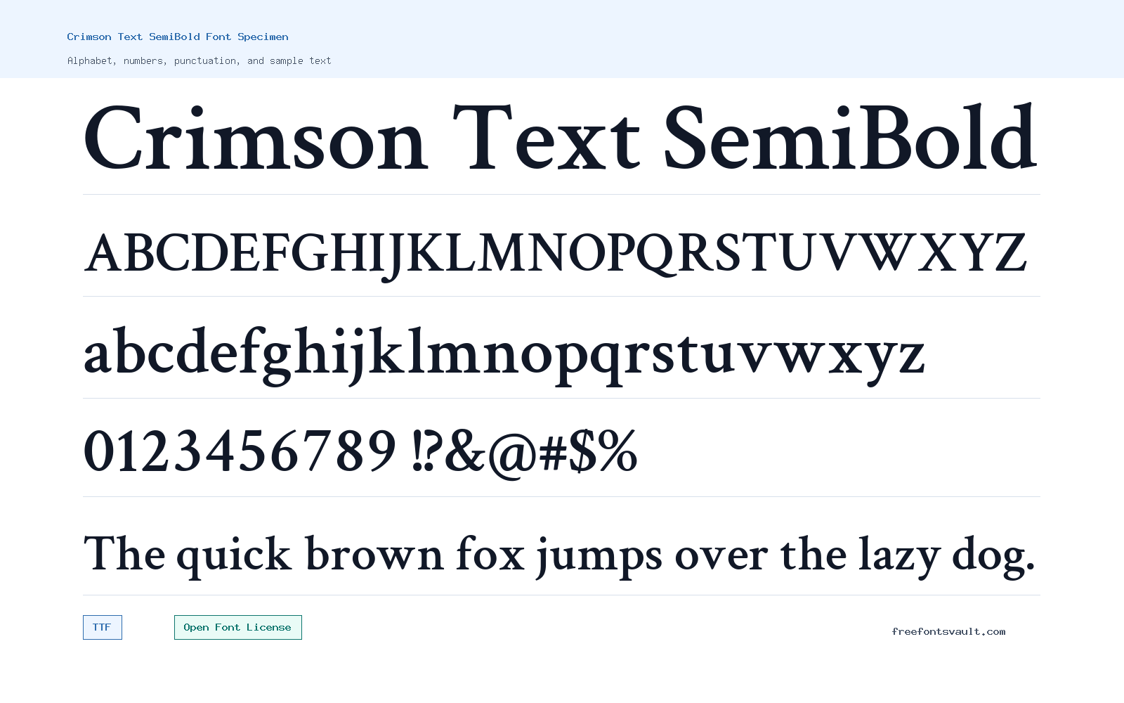 Crimson Text SemiBold font specimen showing alphabet, numbers, and sample text