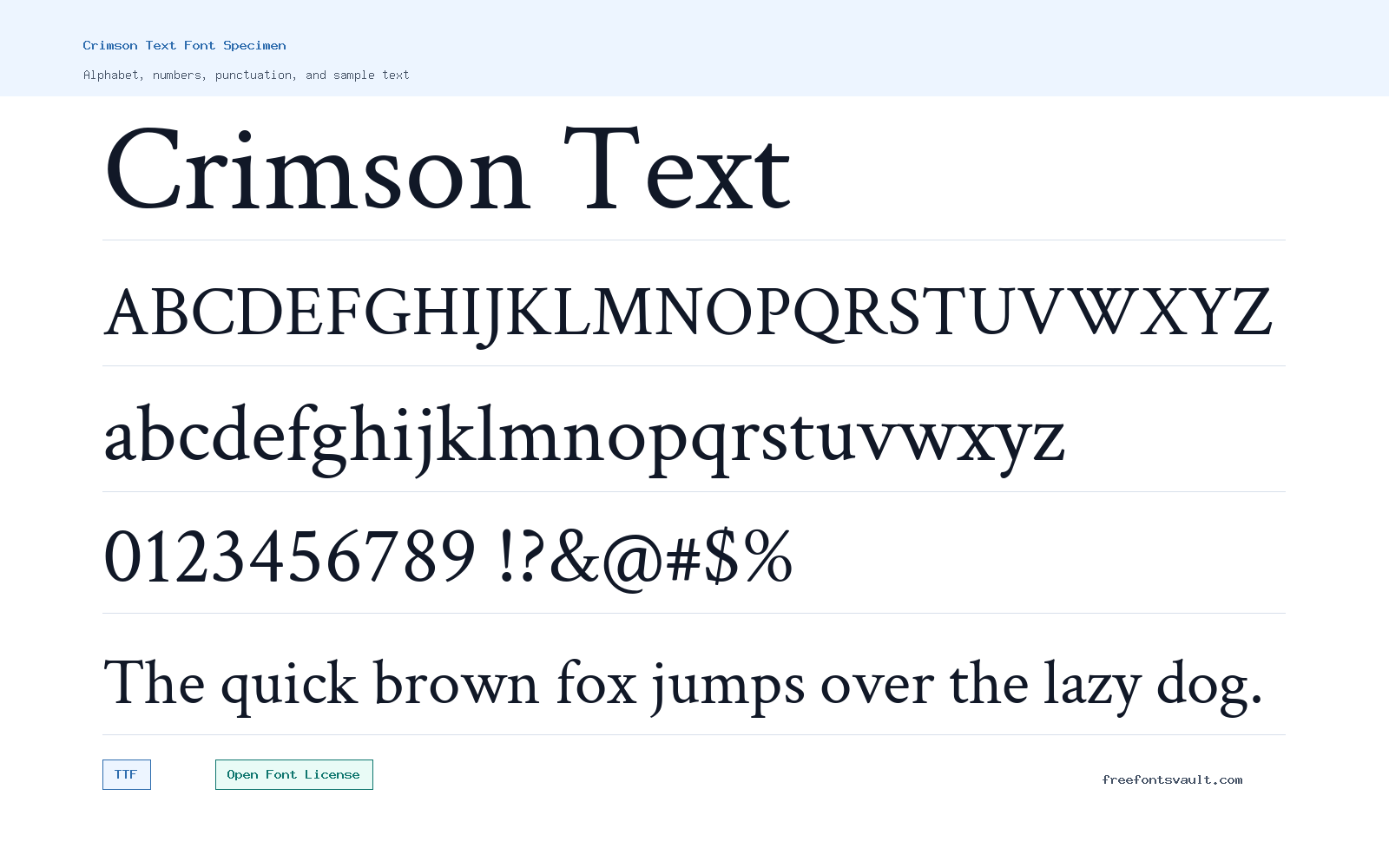 Crimson Text font specimen showing alphabet, numbers, and sample text
