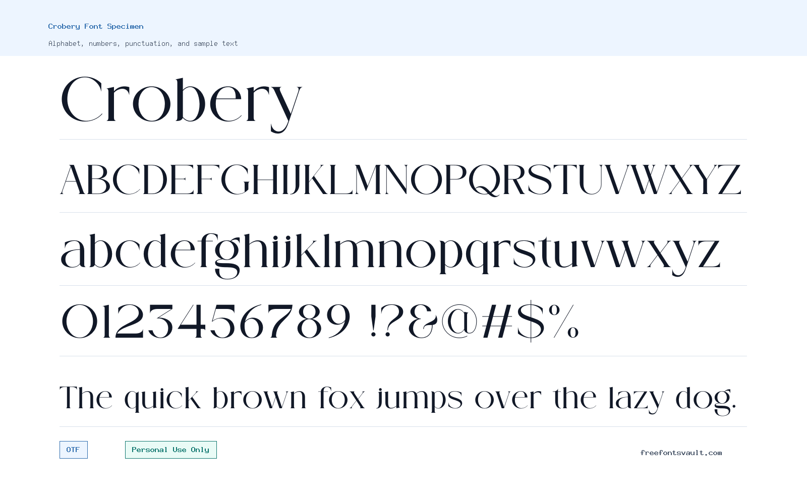 Crobery font specimen showing alphabet, numbers, and sample text