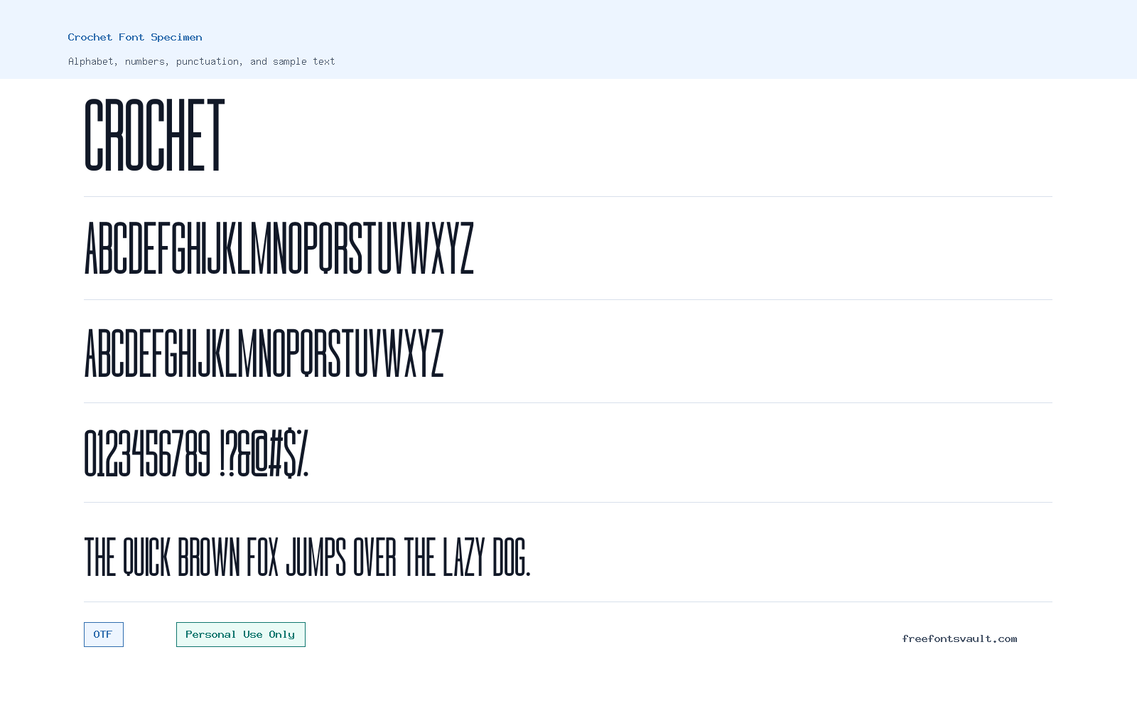 Crochet font specimen showing alphabet, numbers, and sample text