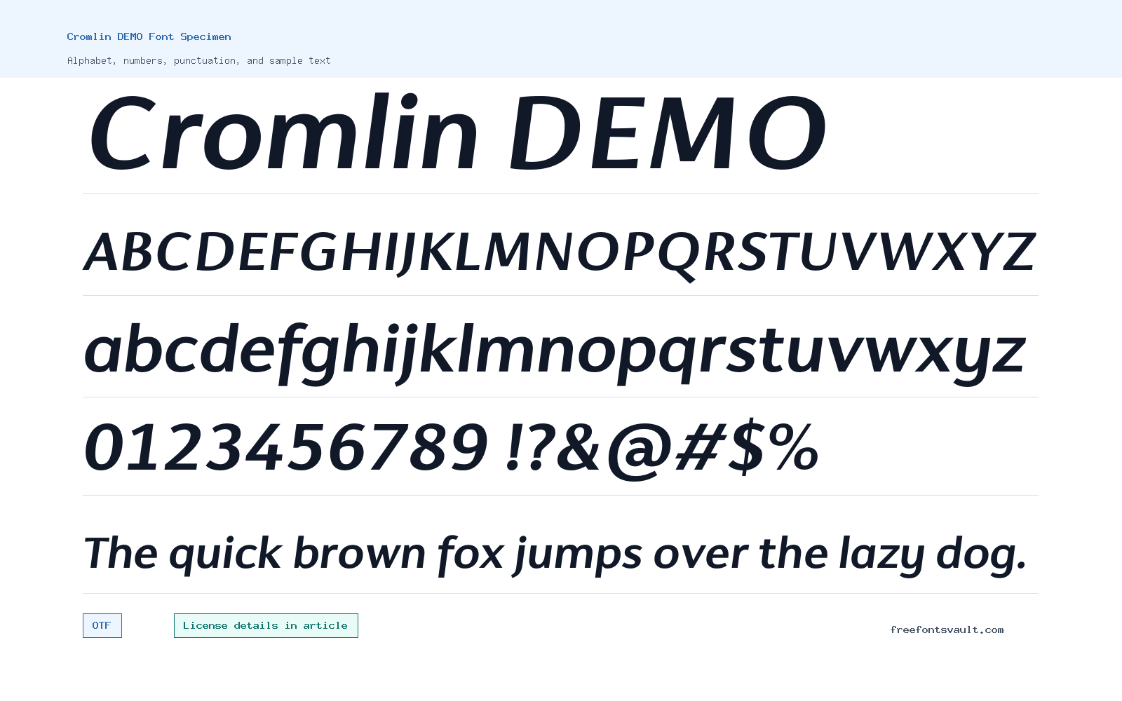 Cromlin DEMO font specimen showing alphabet, numbers, and sample text