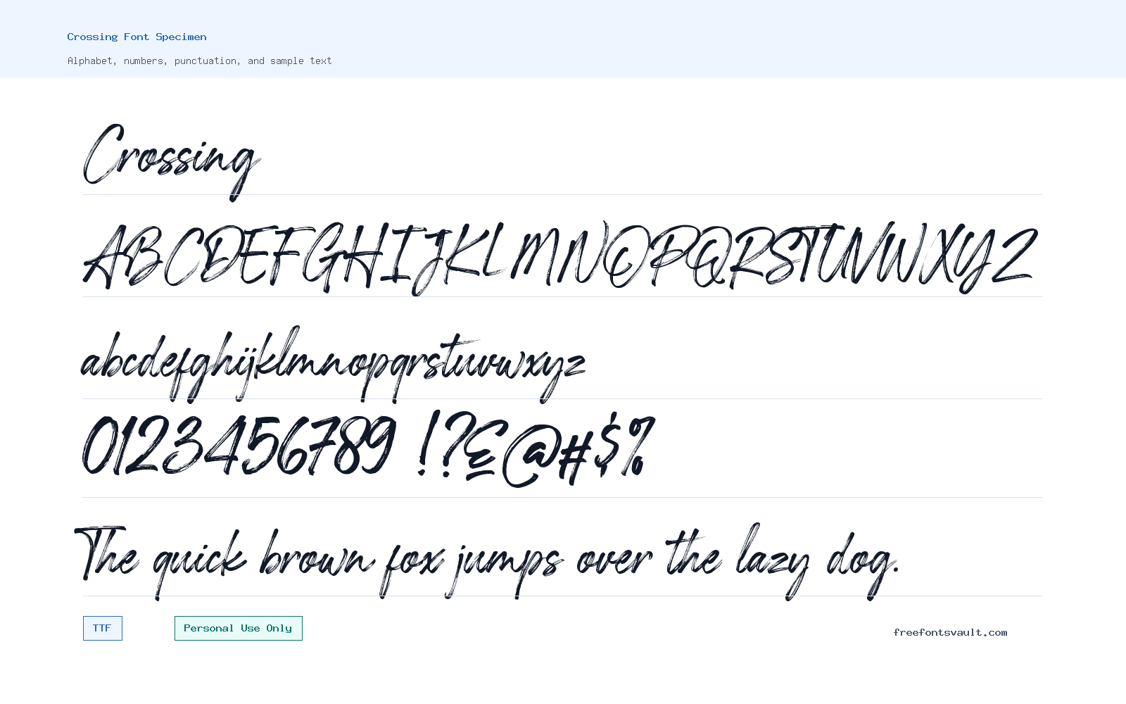 Crossing font specimen showing alphabet, numbers, and sample text