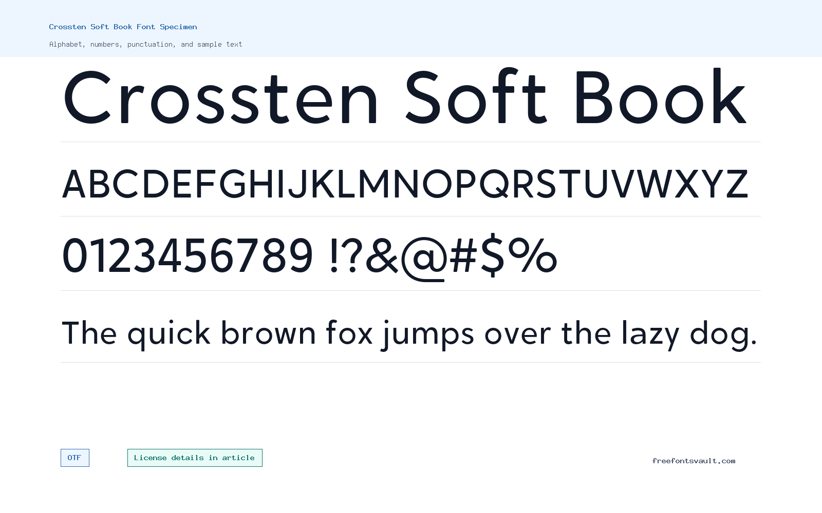 Crossten Soft Book font specimen showing alphabet, numbers, and sample text