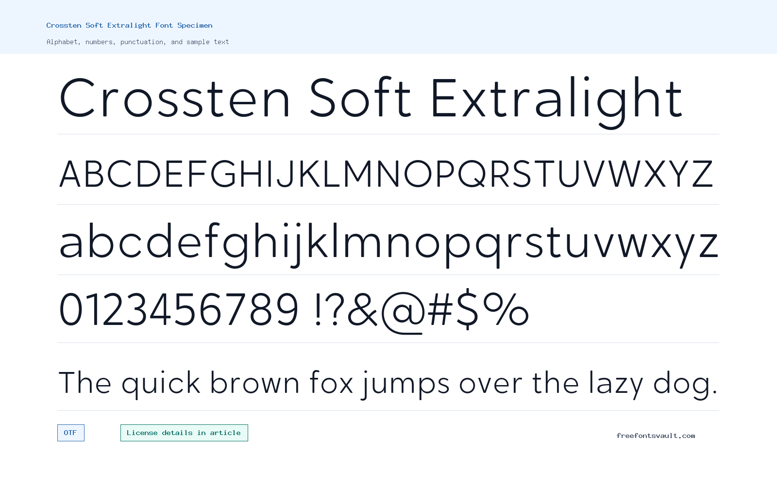 Crossten Soft Extralight font specimen showing alphabet, numbers, and sample text