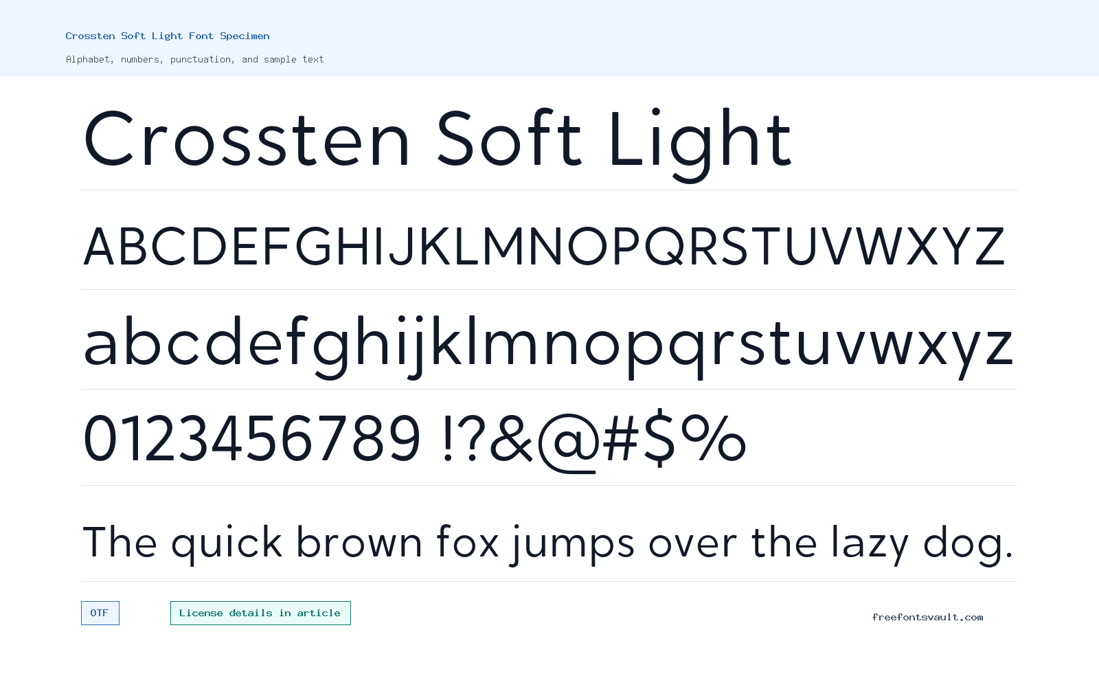 Crossten Soft Light font specimen showing alphabet, numbers, and sample text