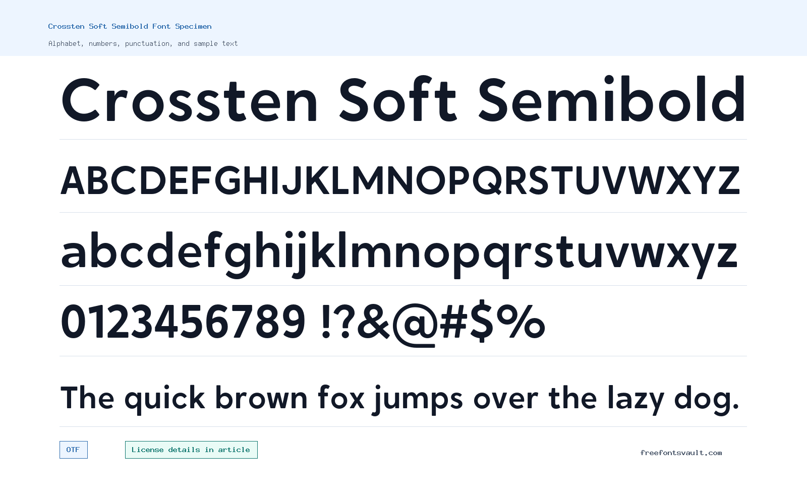 Crossten Soft Semibold font specimen showing alphabet, numbers, and sample text
