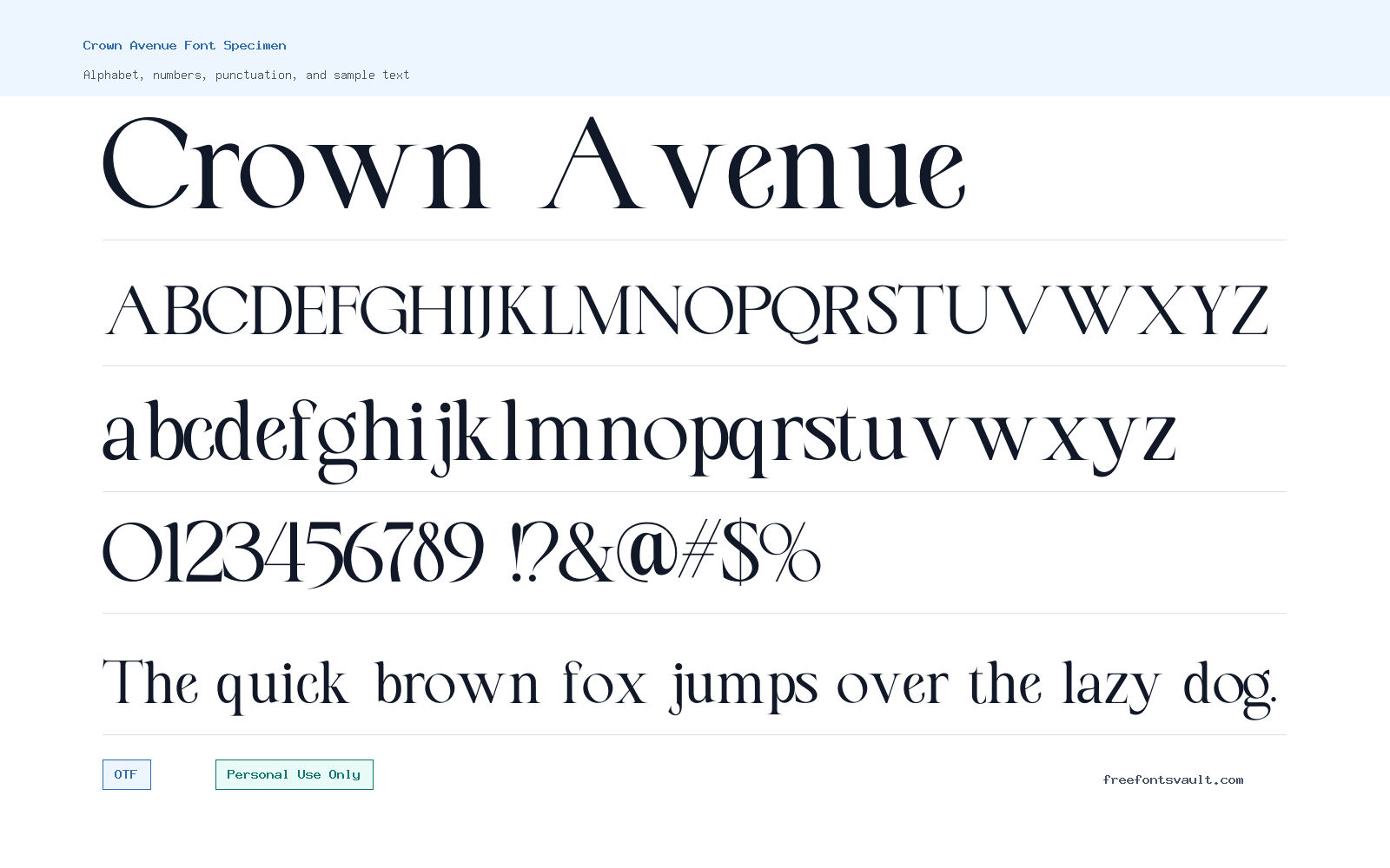 Crown Avenue font specimen showing alphabet, numbers, and sample text