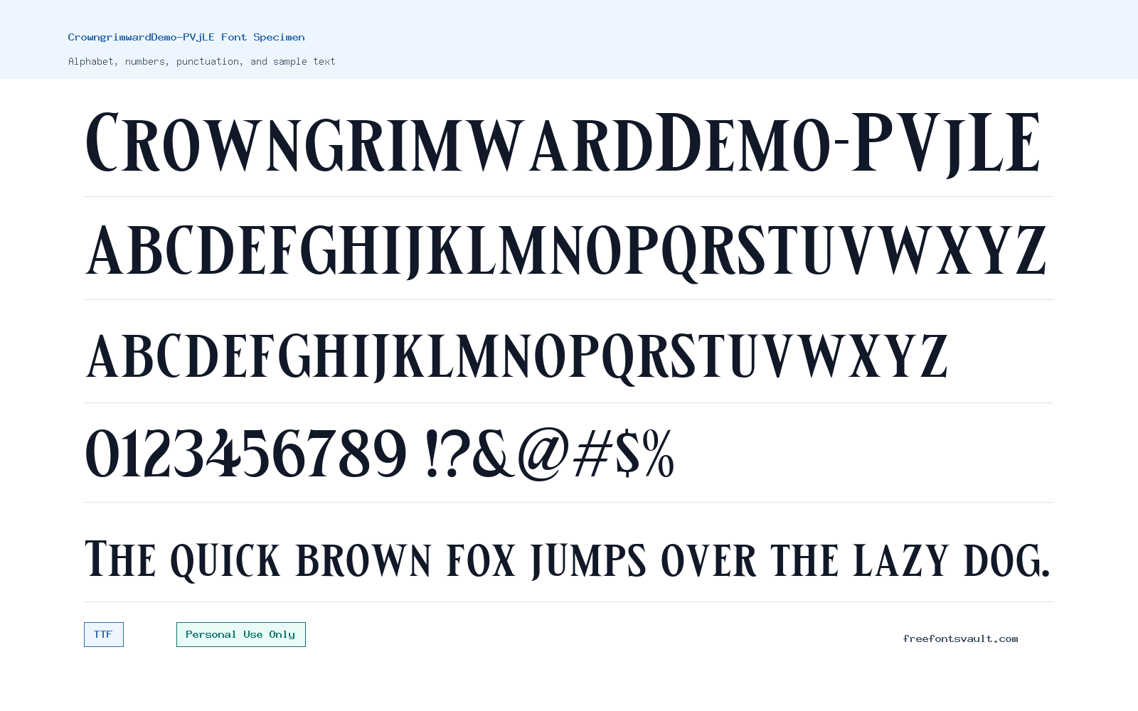 CrowngrimwardDemo-PVjLE font specimen showing alphabet, numbers, and sample text