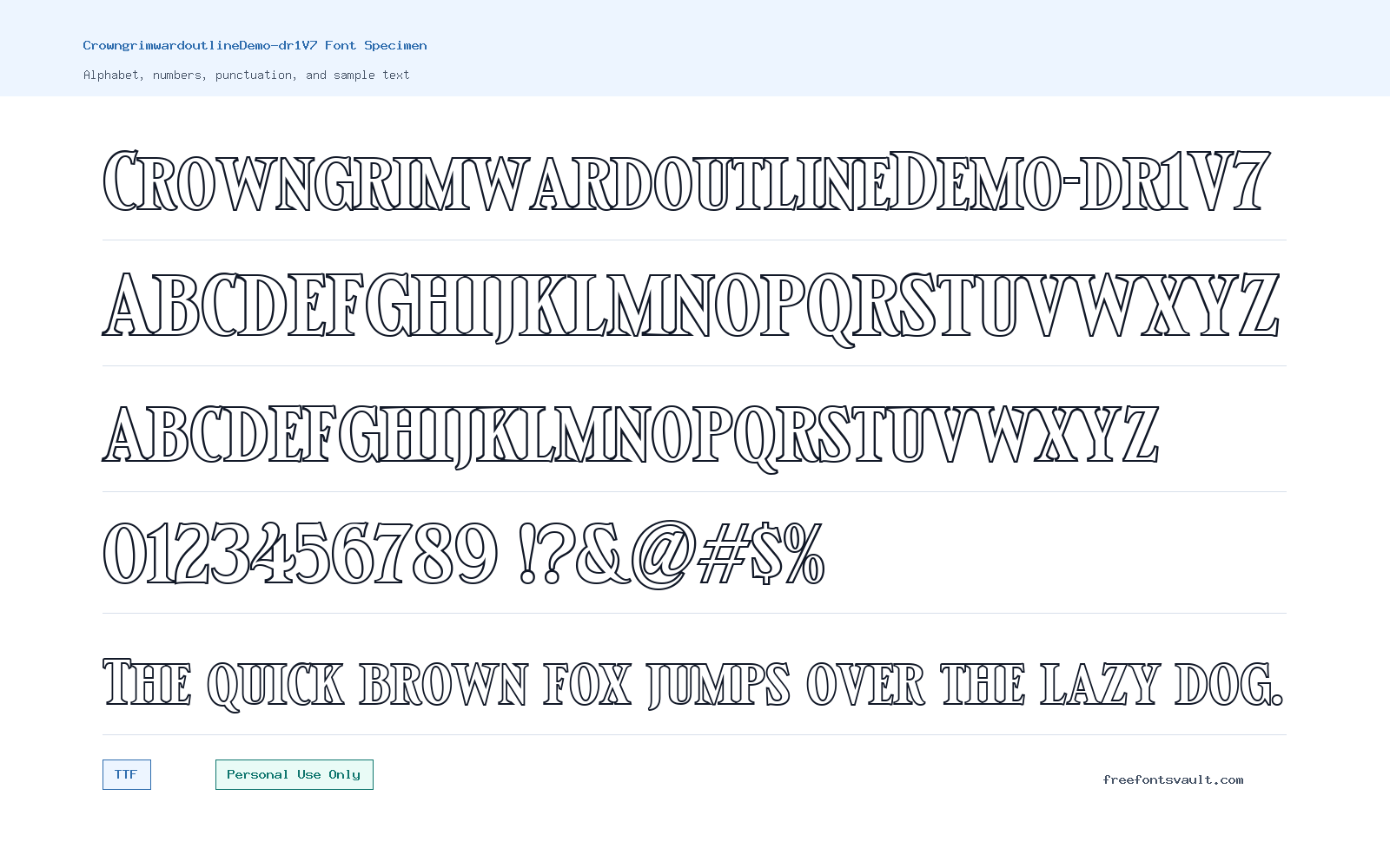 CrowngrimwardoutlineDemo-dr1V7 font specimen showing alphabet, numbers, and sample text