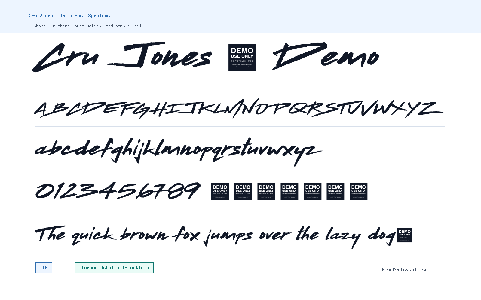 Cru Jones - Demo font specimen showing alphabet, numbers, and sample text