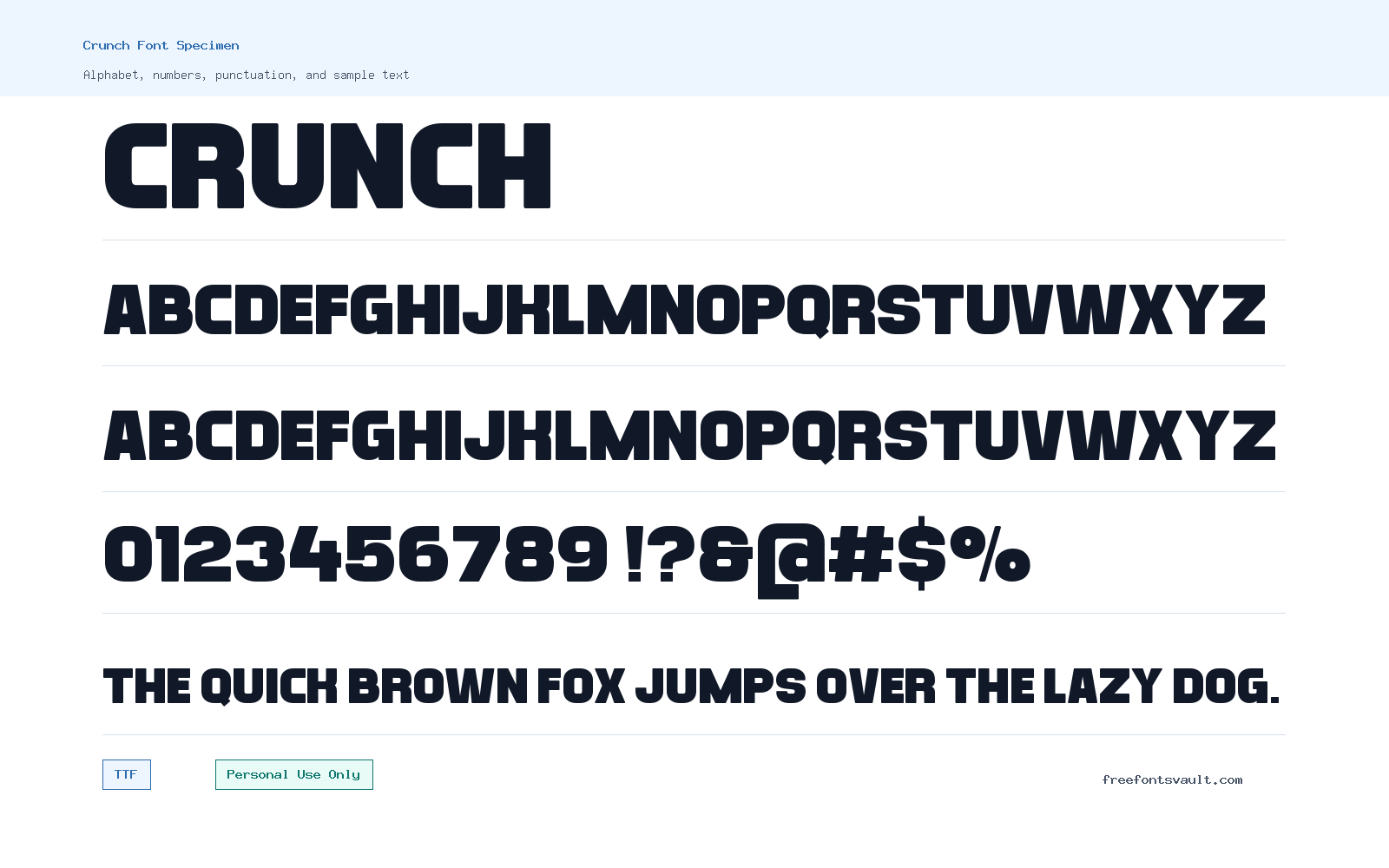 Crunch font specimen showing alphabet, numbers, and sample text