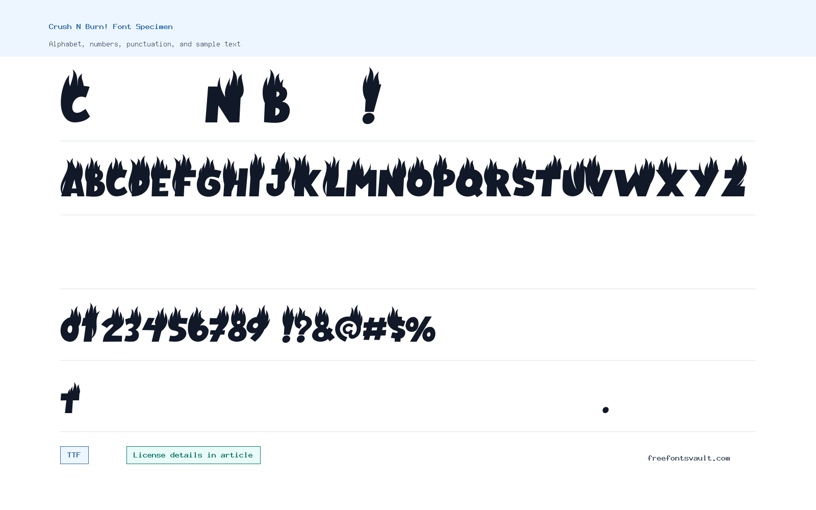 Crush N Burn! font specimen showing alphabet, numbers, and sample text