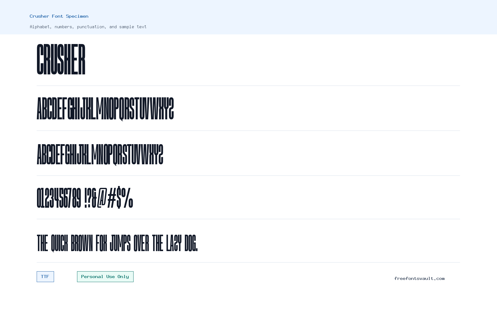 Crusher font specimen showing alphabet, numbers, and sample text