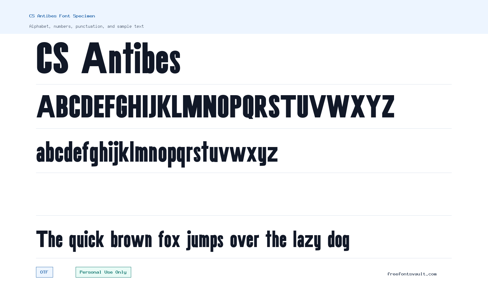 CS Antibes font specimen showing alphabet, numbers, and sample text