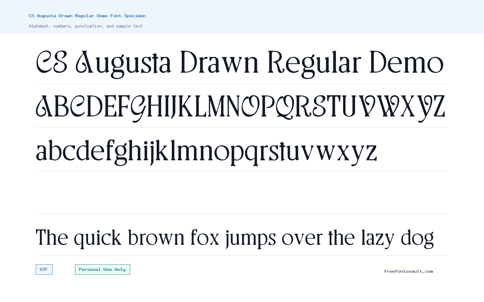 CS Augusta Drawn Regular Demo font specimen showing alphabet, numbers, and sample text
