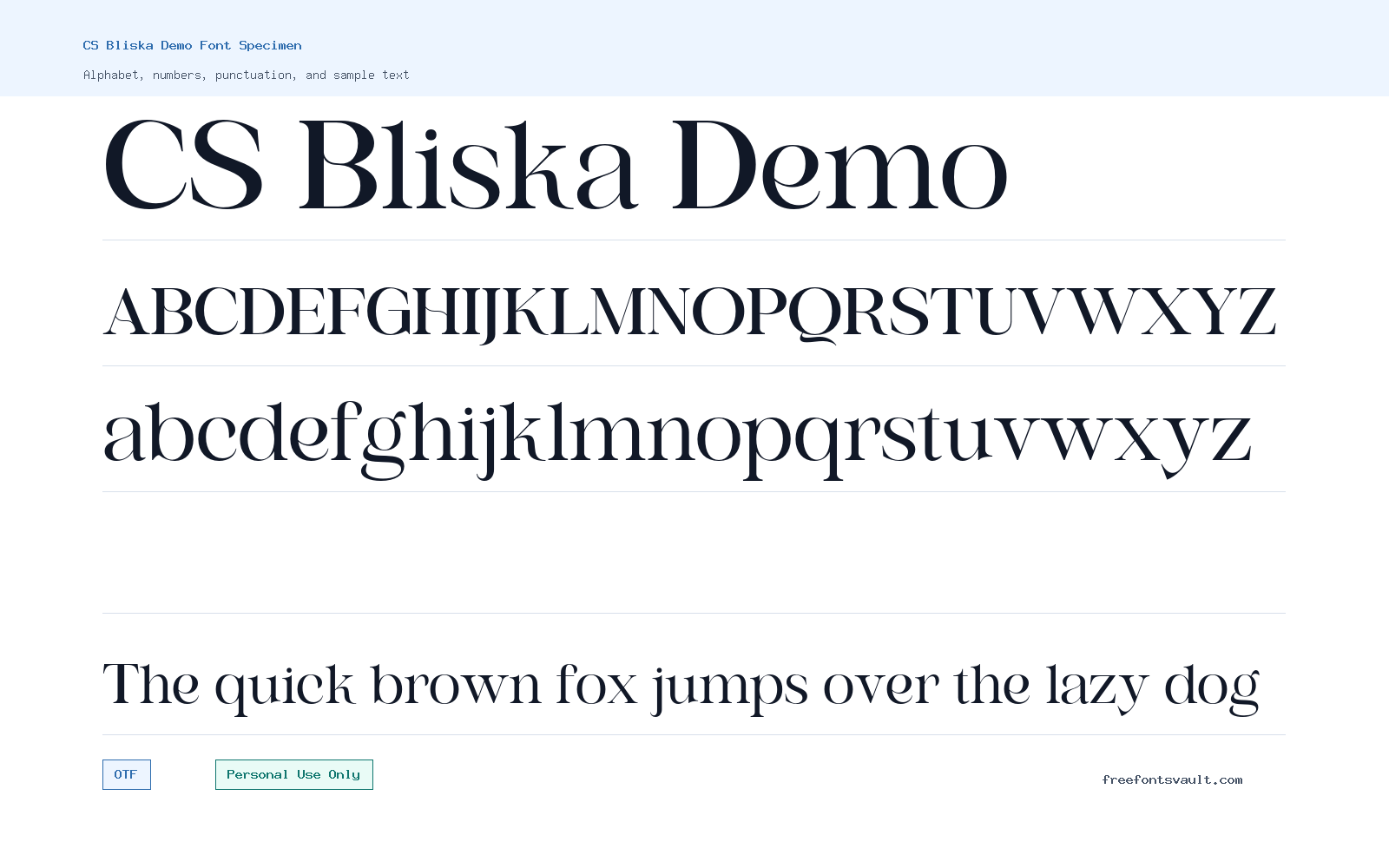 CS Bliska Demo font specimen showing alphabet, numbers, and sample text