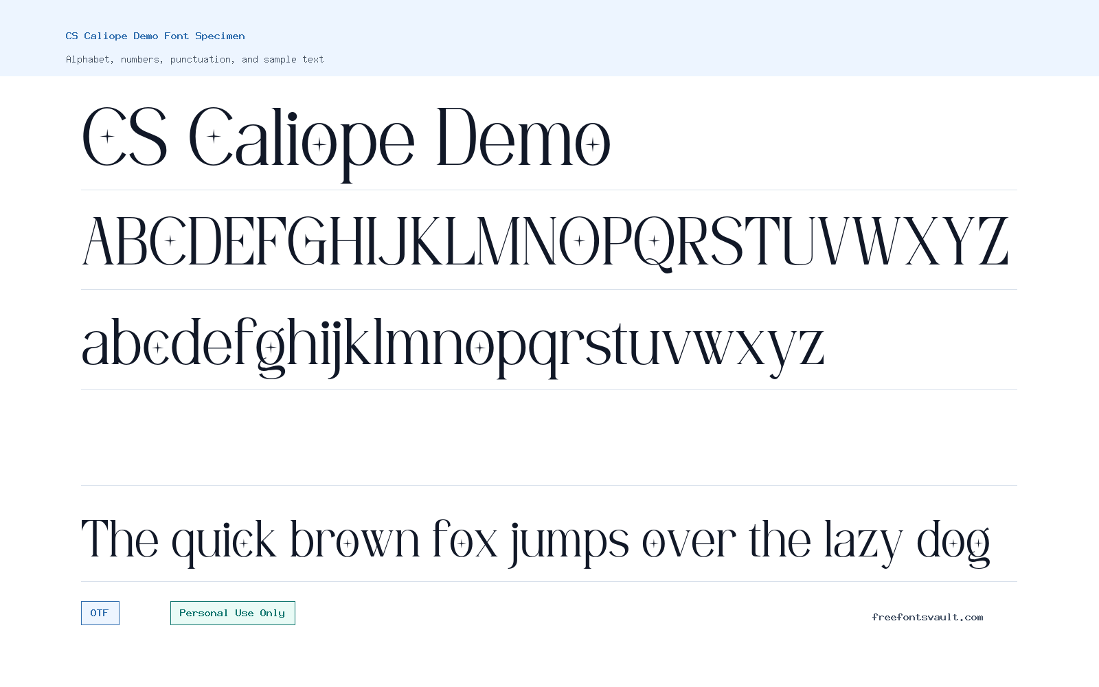 CS Caliope Demo font specimen showing alphabet, numbers, and sample text