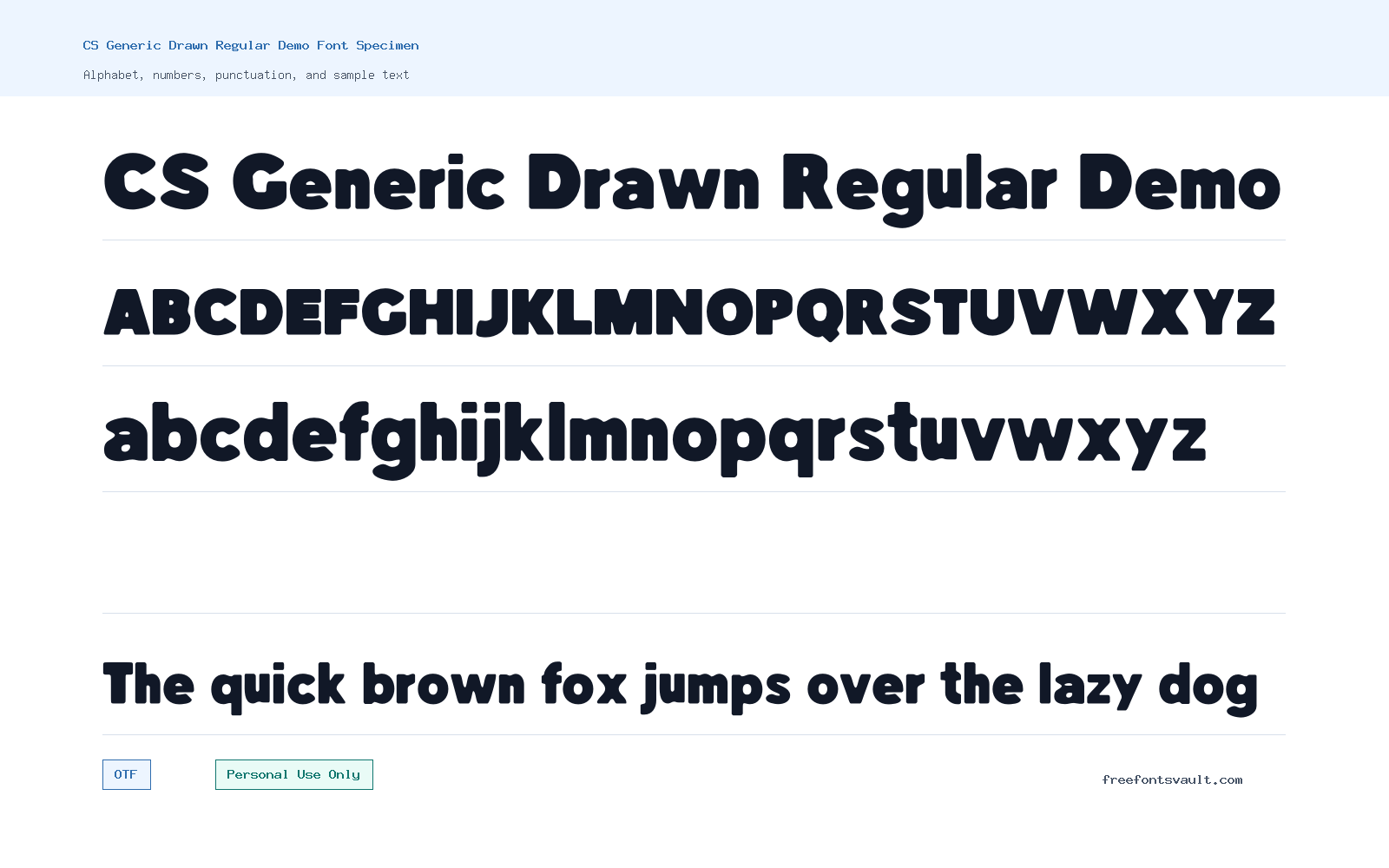CS Generic Drawn Regular Demo font specimen showing alphabet, numbers, and sample text