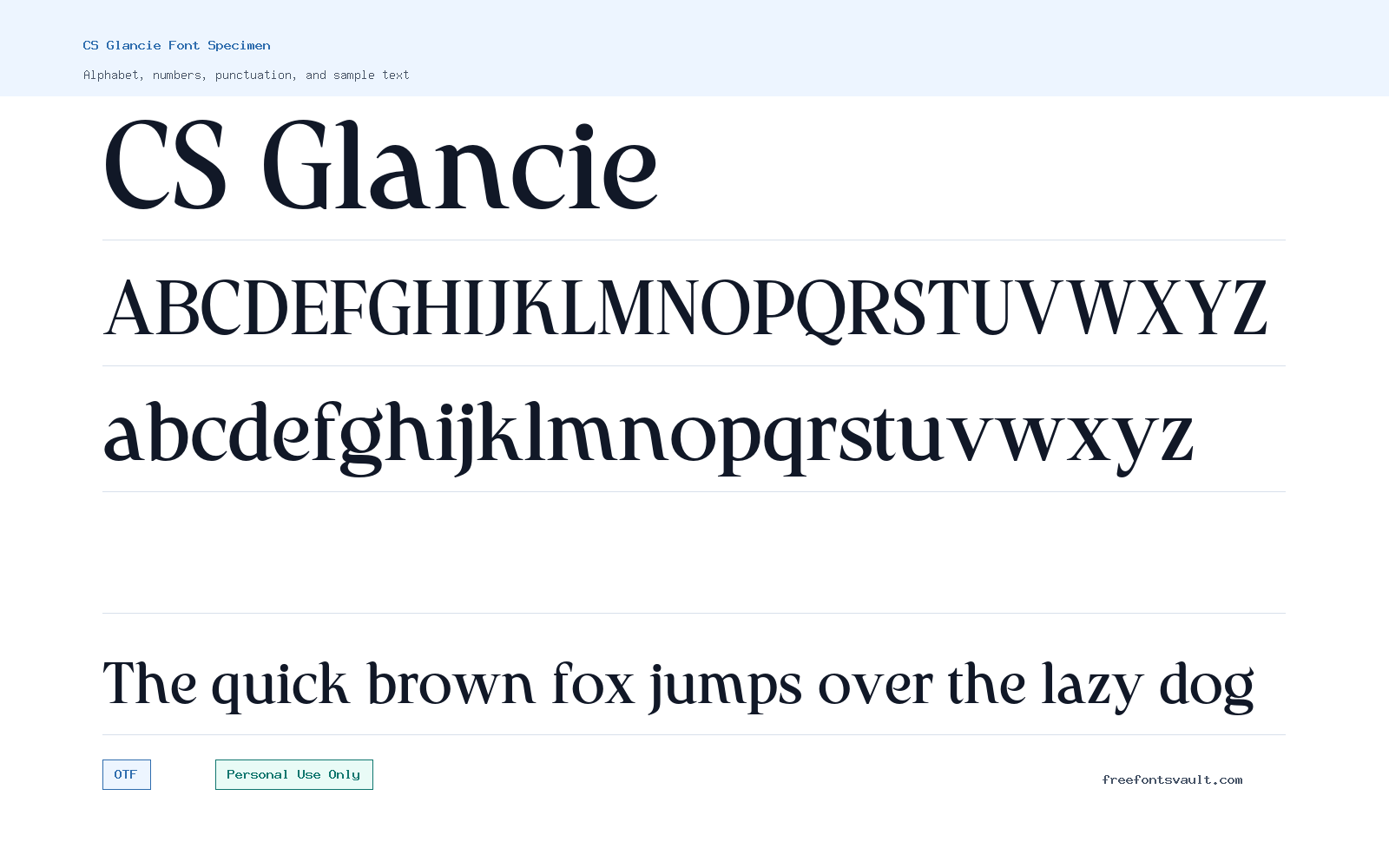 CS Glancie font specimen showing alphabet, numbers, and sample text