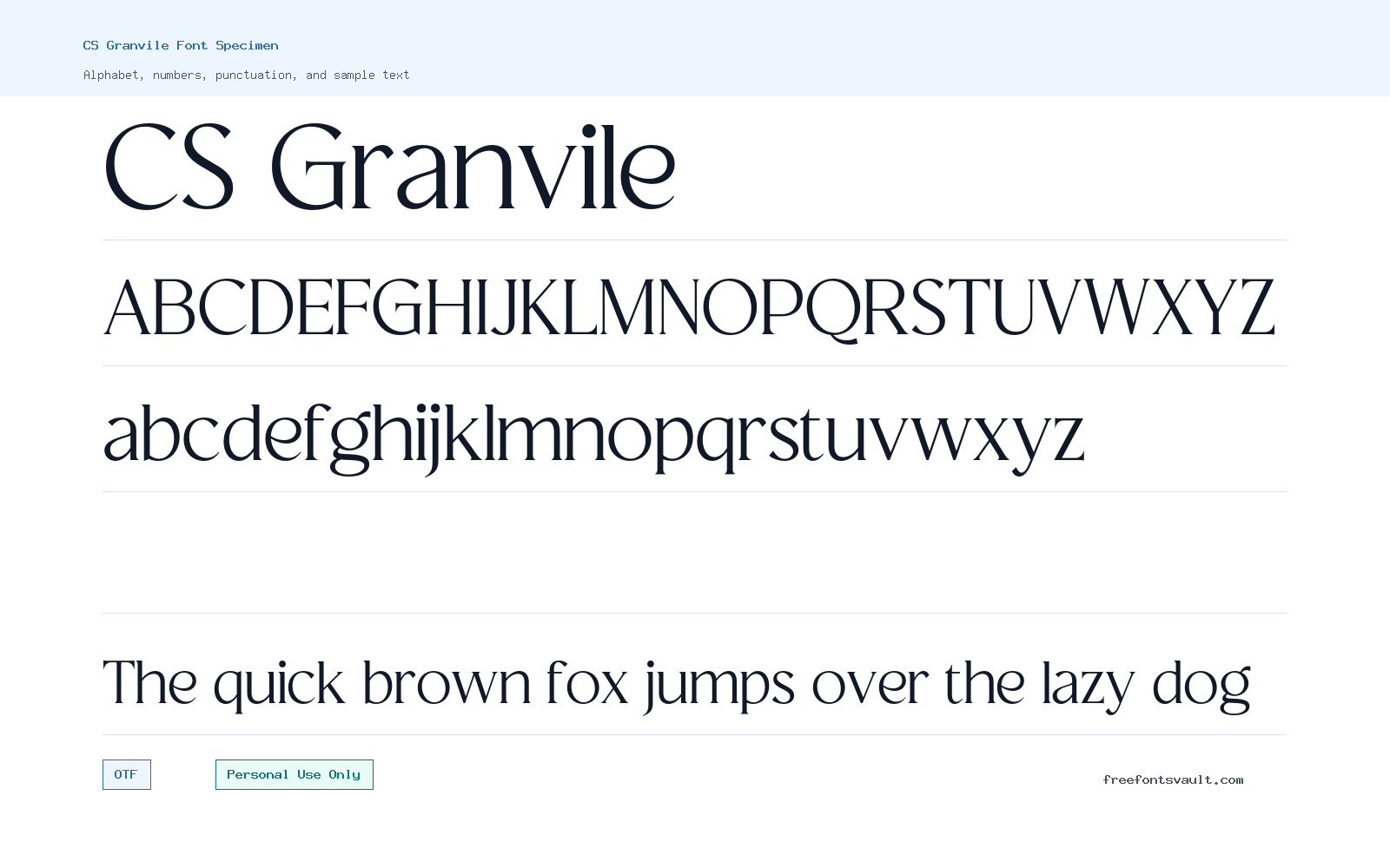 CS Granvile font specimen showing alphabet, numbers, and sample text