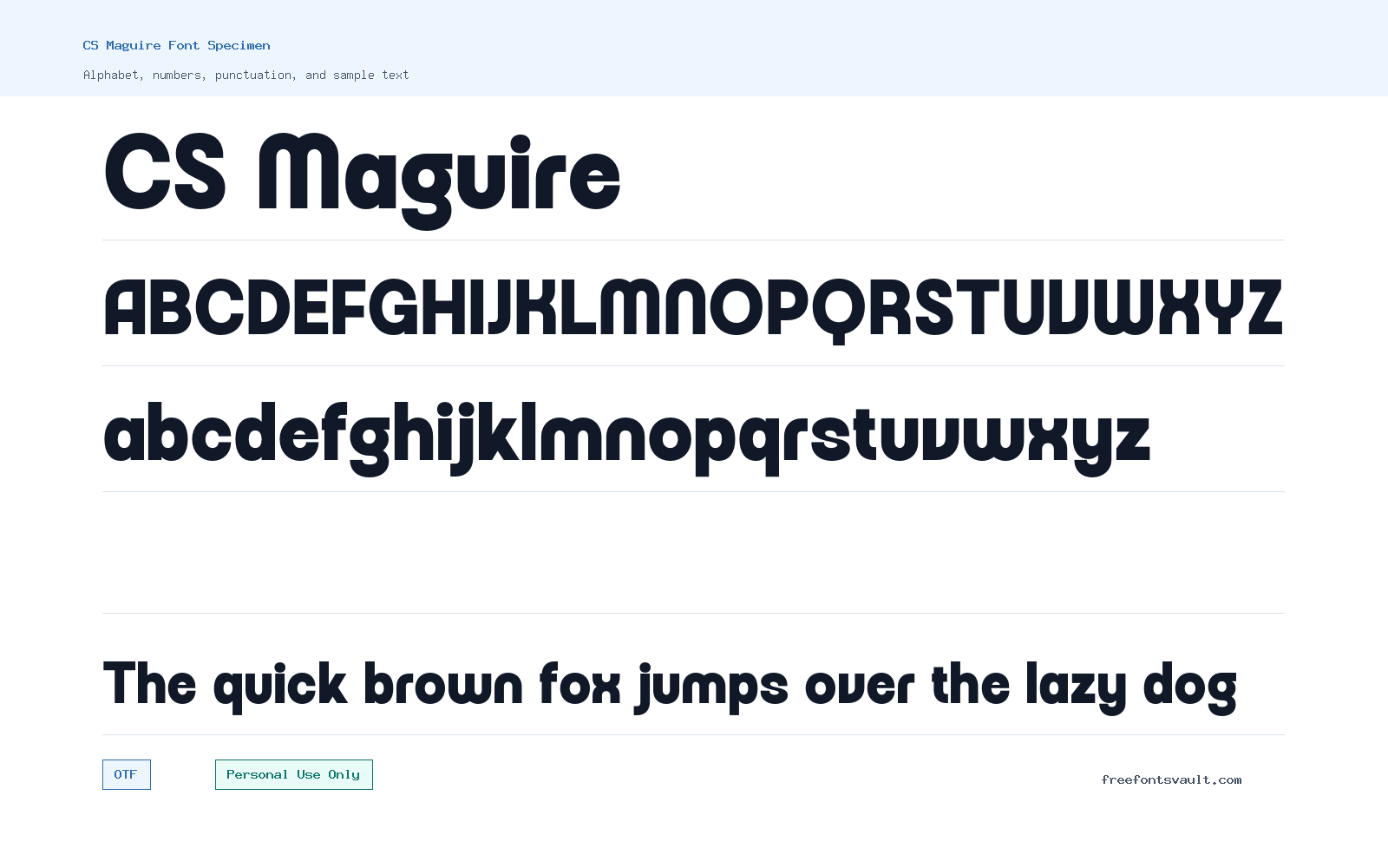 CS Maguire font specimen showing alphabet, numbers, and sample text