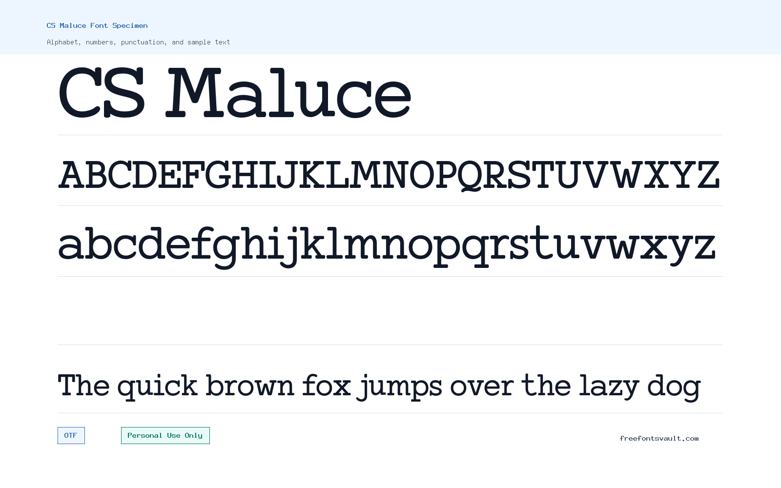 CS Maluce font specimen showing alphabet, numbers, and sample text
