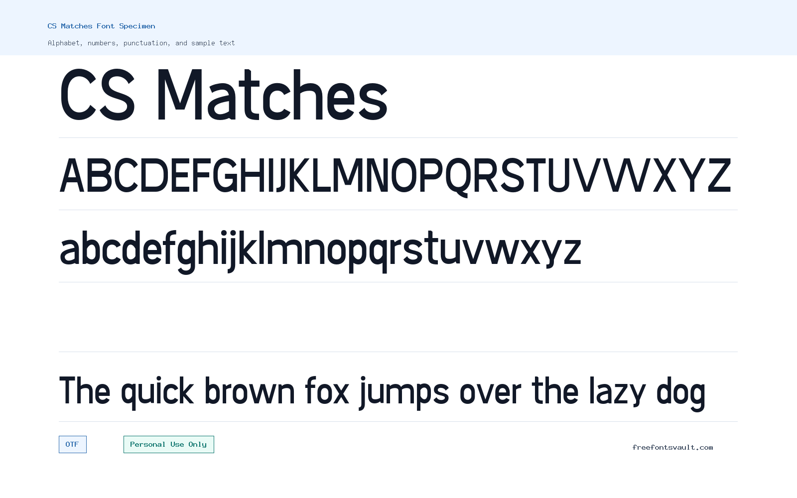 CS Matches font specimen showing alphabet, numbers, and sample text