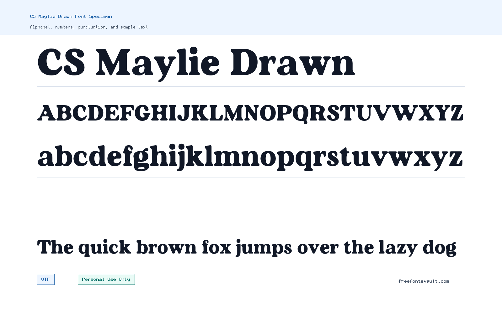 CS Maylie Drawn font specimen showing alphabet, numbers, and sample text