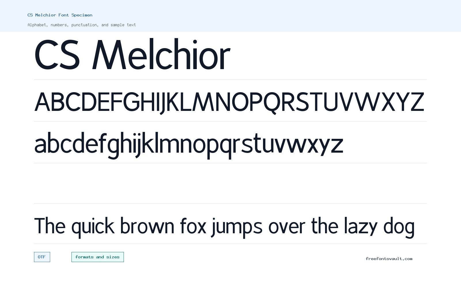 CS Melchior font specimen showing alphabet, numbers, and sample text