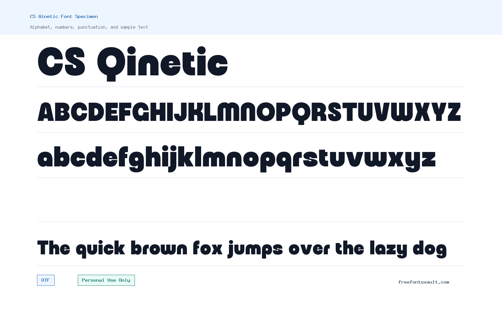 CS Qinetic font specimen showing alphabet, numbers, and sample text
