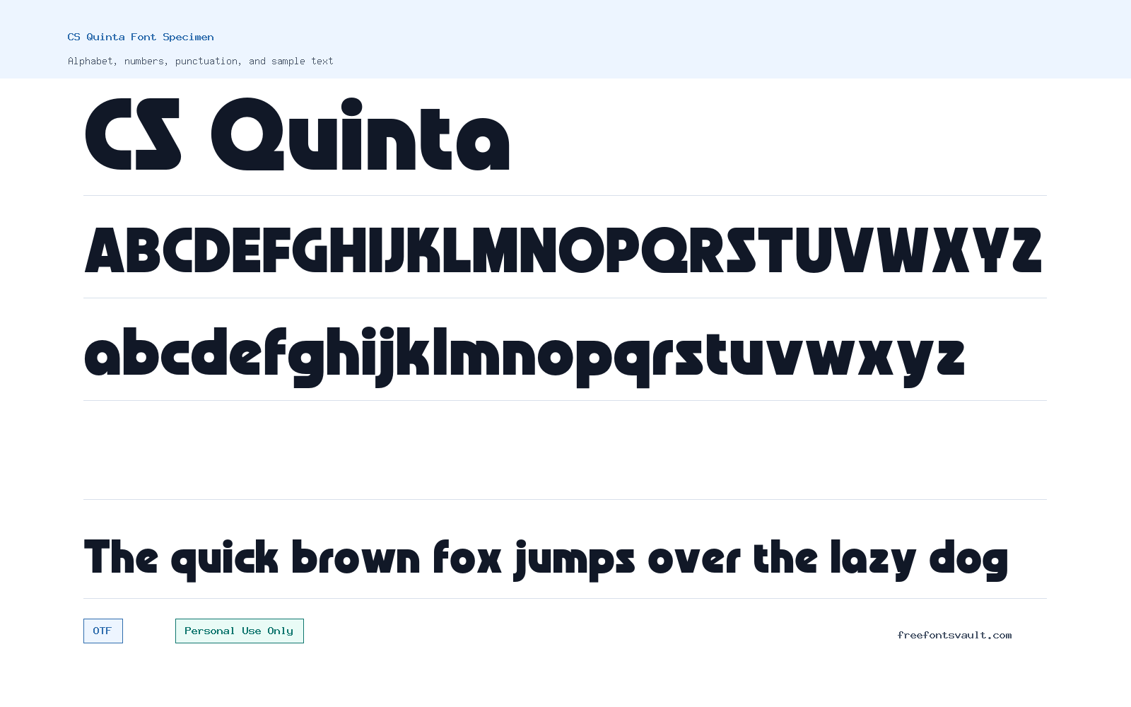 CS Quinta font specimen showing alphabet, numbers, and sample text