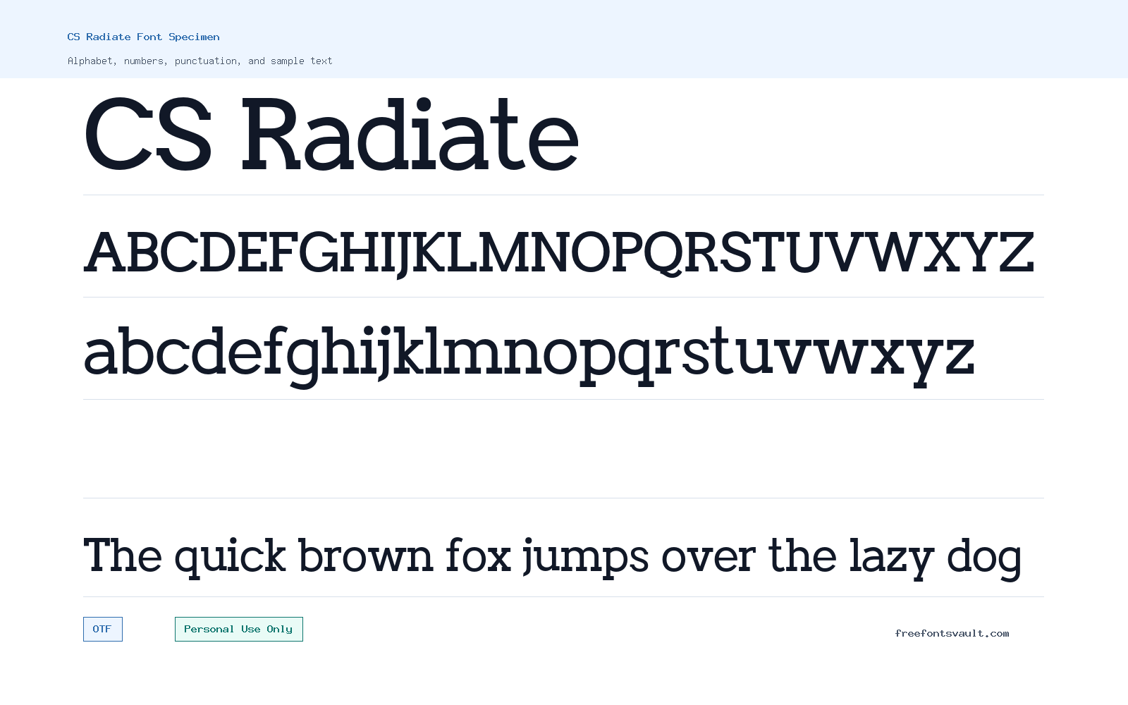 CS Radiate font specimen showing alphabet, numbers, and sample text