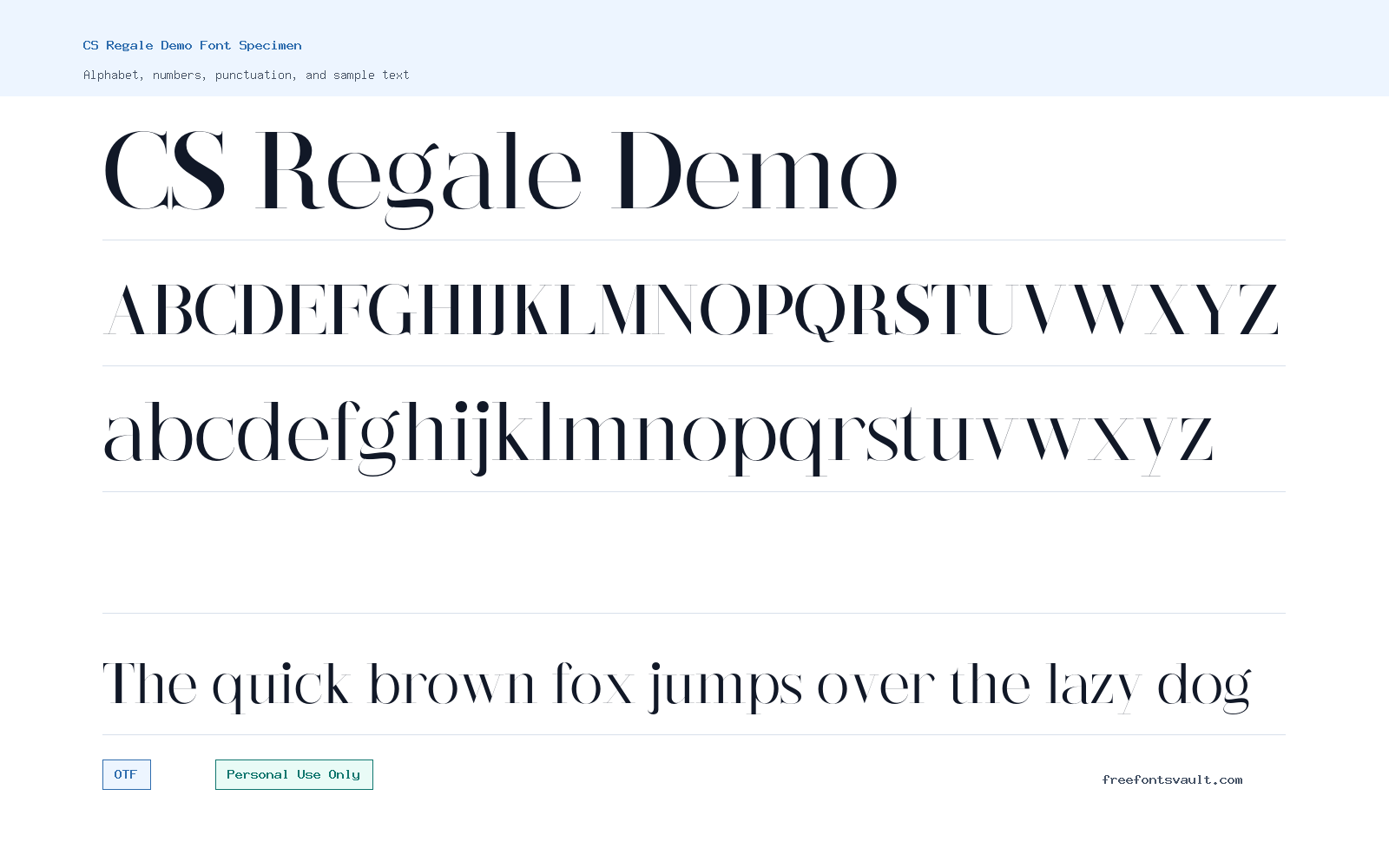 CS Regale Demo font specimen showing alphabet, numbers, and sample text