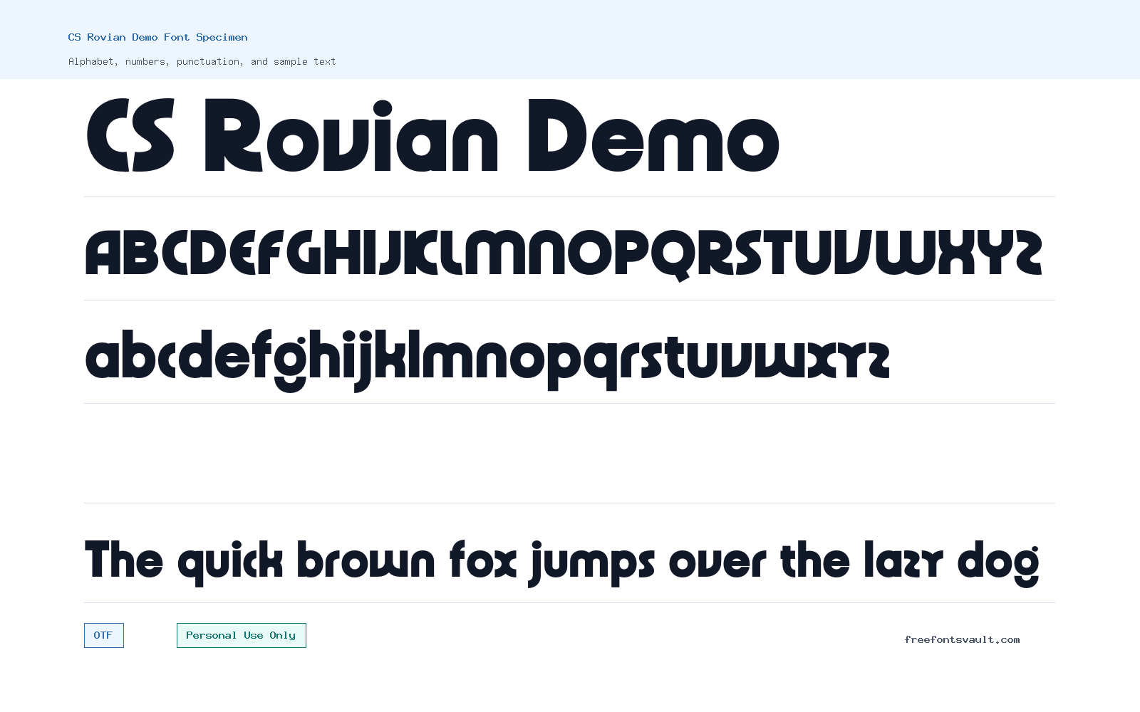 CS Rovian Demo font specimen showing alphabet, numbers, and sample text