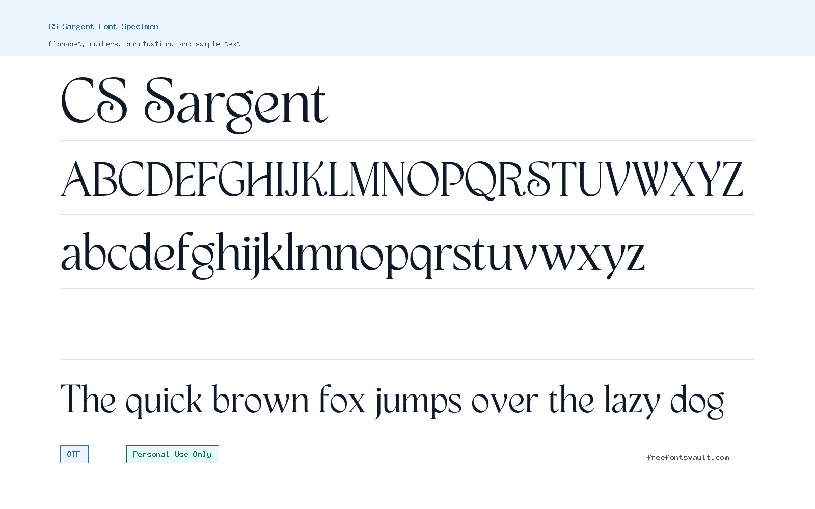 CS Sargent font specimen showing alphabet, numbers, and sample text