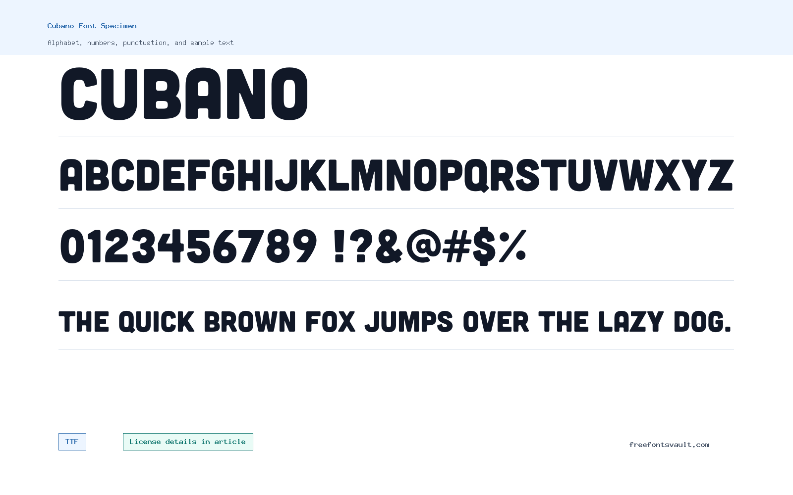 Cubano font specimen showing alphabet, numbers, and sample text