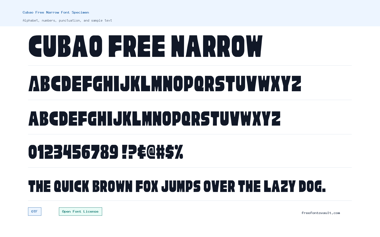 Cubao Free Narrow font specimen showing alphabet, numbers, and sample text