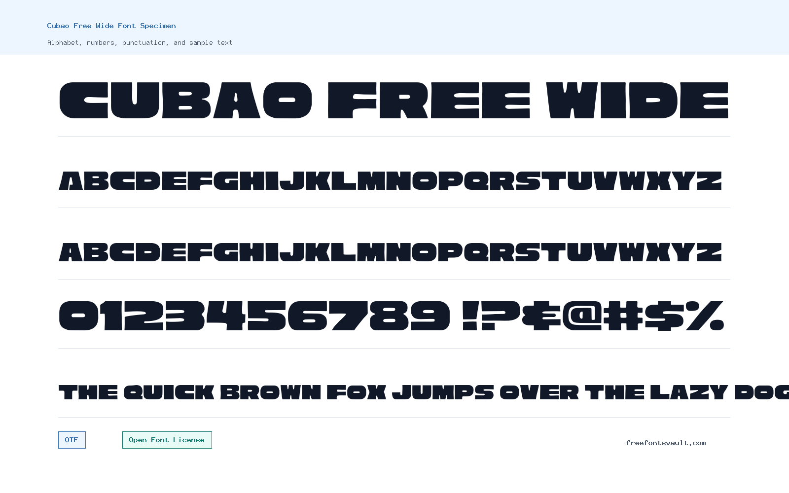 Cubao Free Wide font specimen showing alphabet, numbers, and sample text