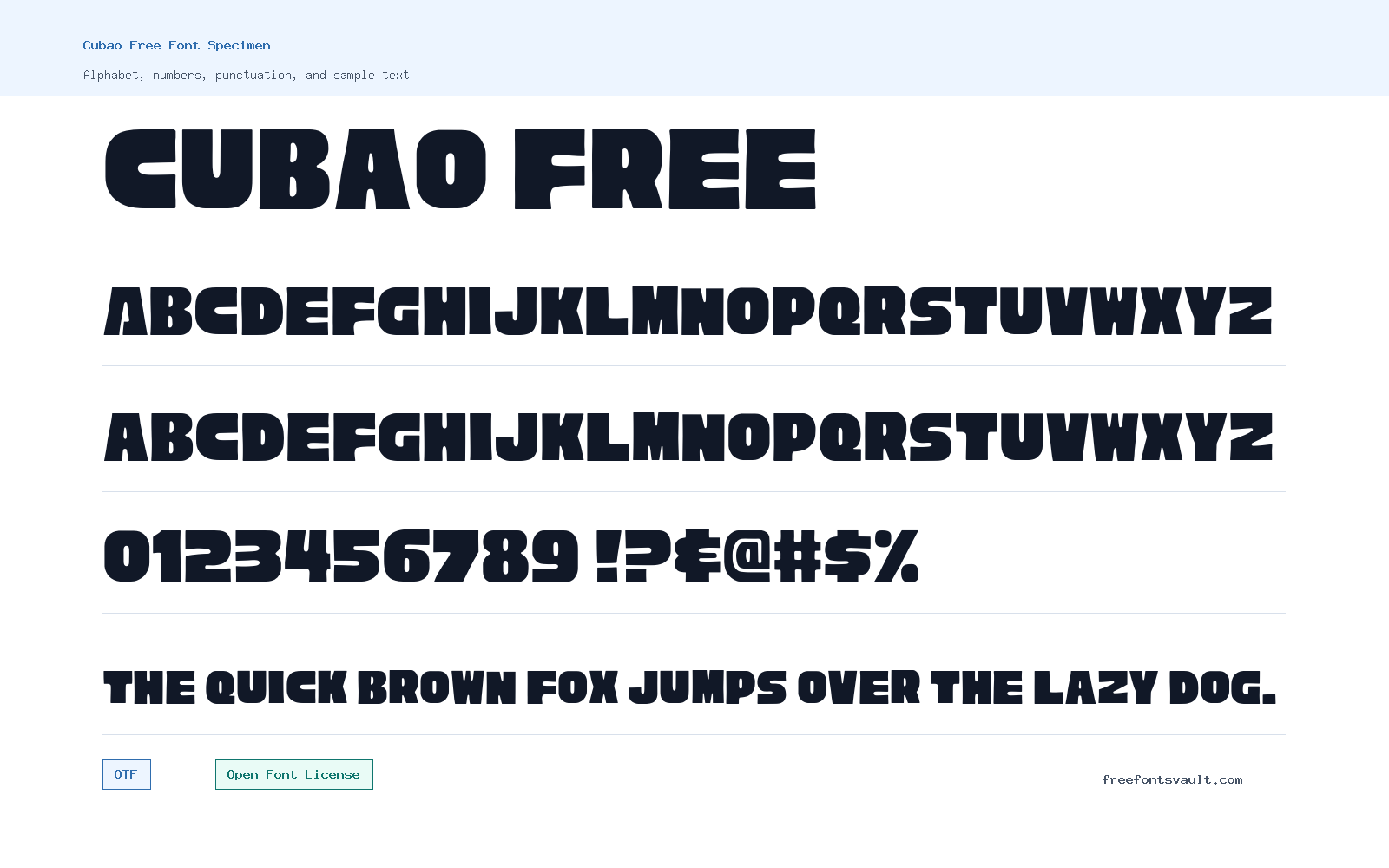 Cubao Free  font specimen showing alphabet, numbers, and sample text