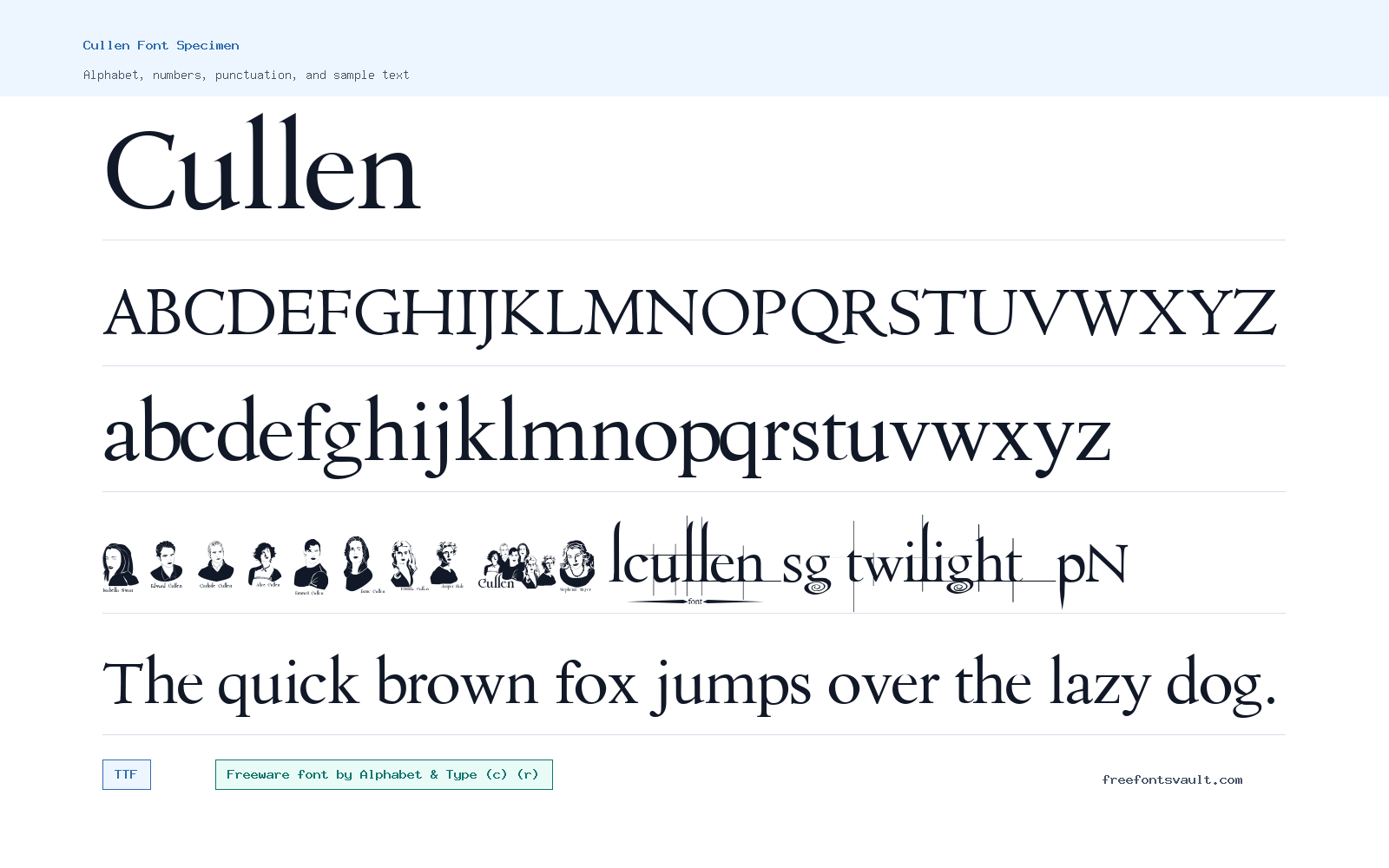 Cullen font specimen showing alphabet, numbers, and sample text
