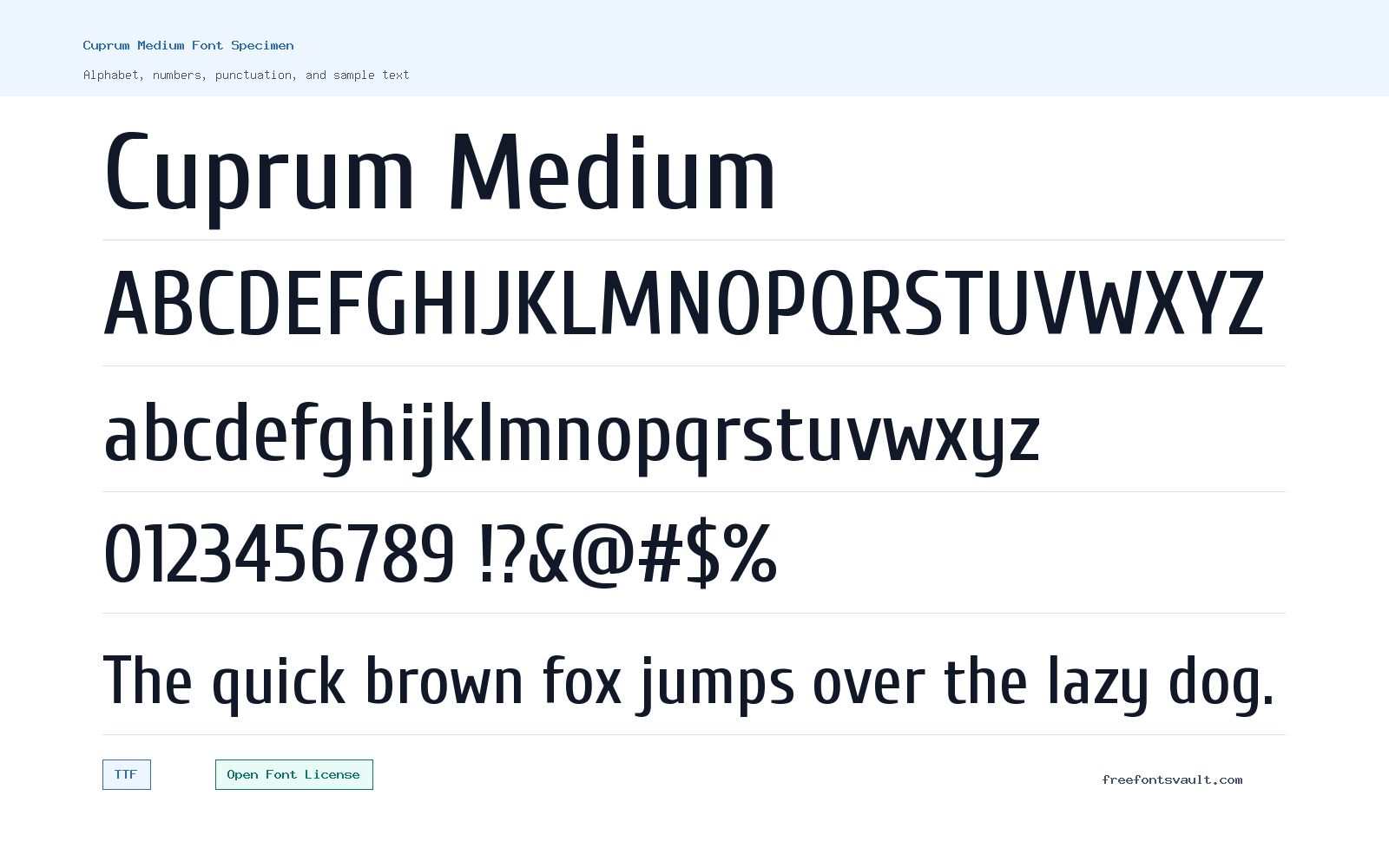 Cuprum Medium font specimen showing alphabet, numbers, and sample text