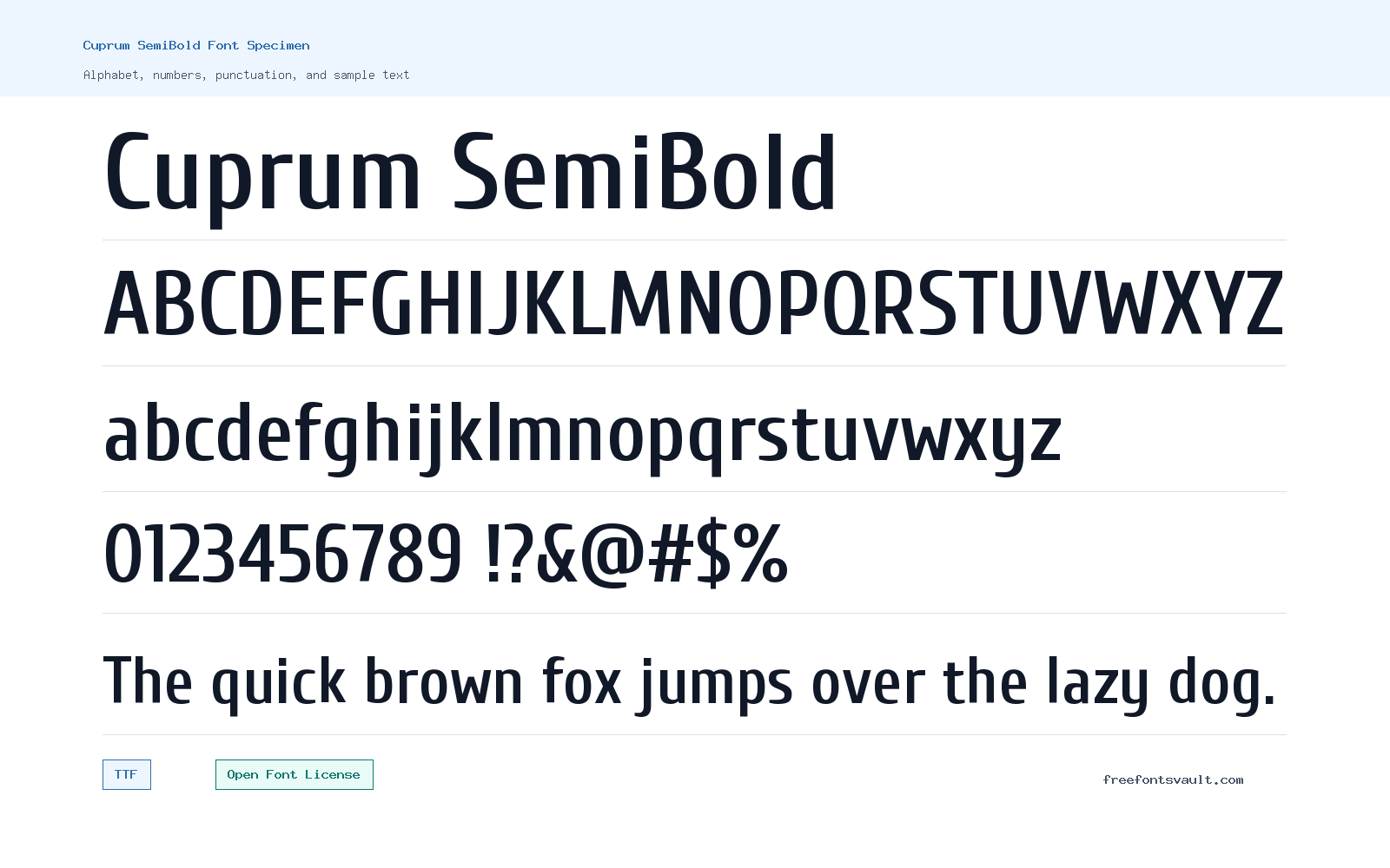 Cuprum SemiBold font specimen showing alphabet, numbers, and sample text