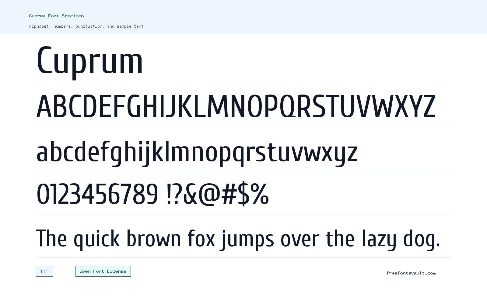Cuprum font specimen showing alphabet, numbers, and sample text