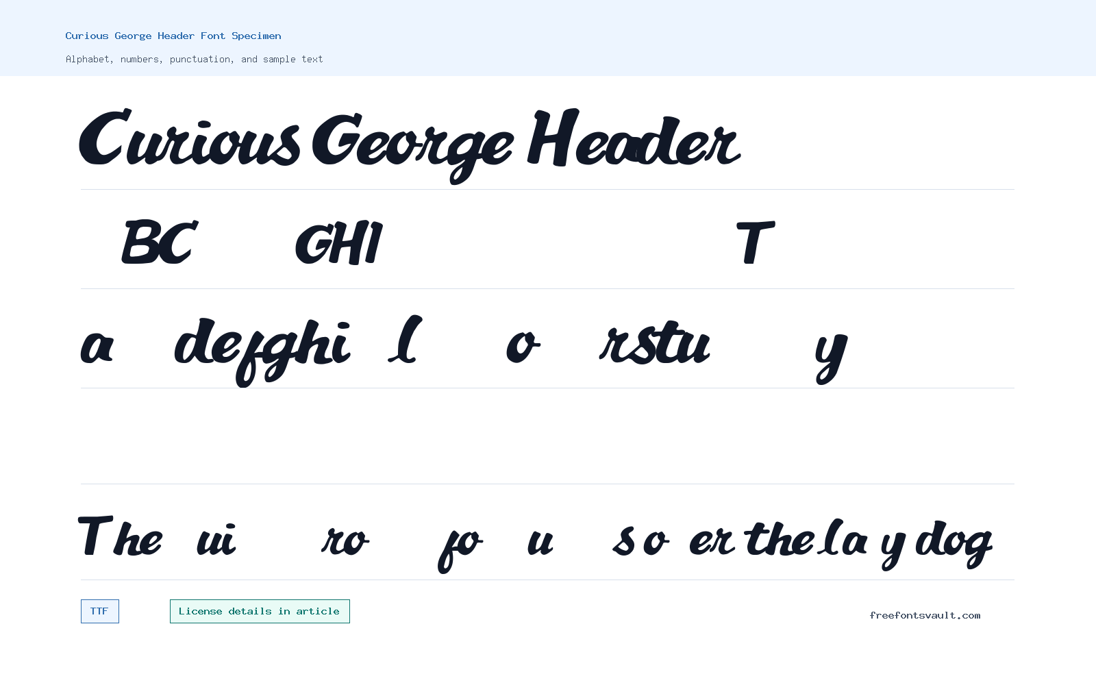 Curious George Header font specimen showing alphabet, numbers, and sample text