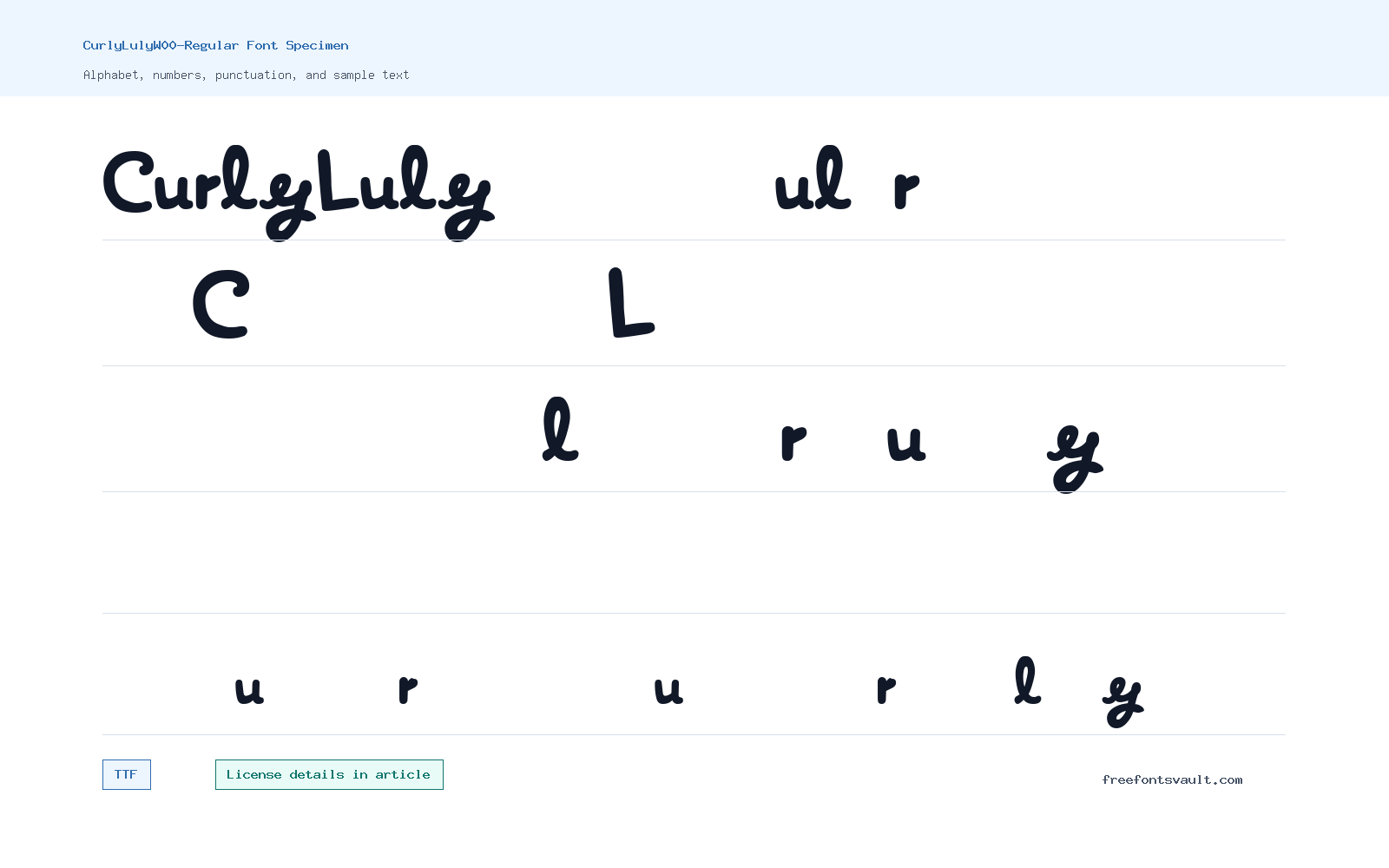 CurlyLulyW00-Regular font specimen showing alphabet, numbers, and sample text