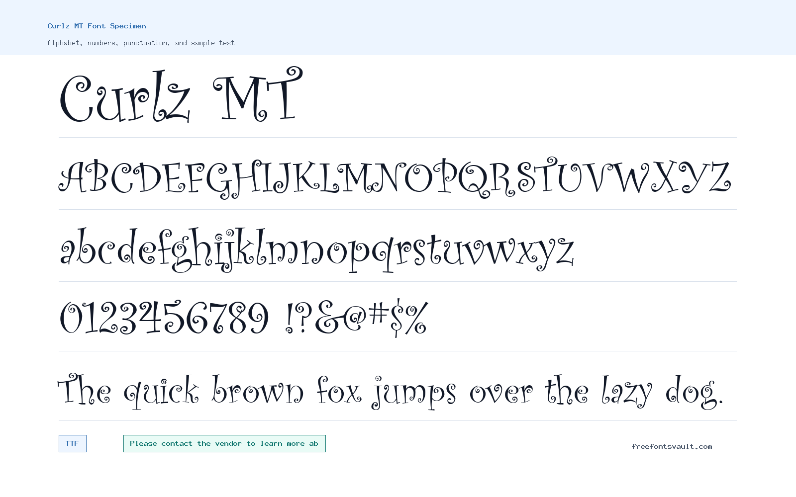 Curlz MT font specimen showing alphabet, numbers, and sample text