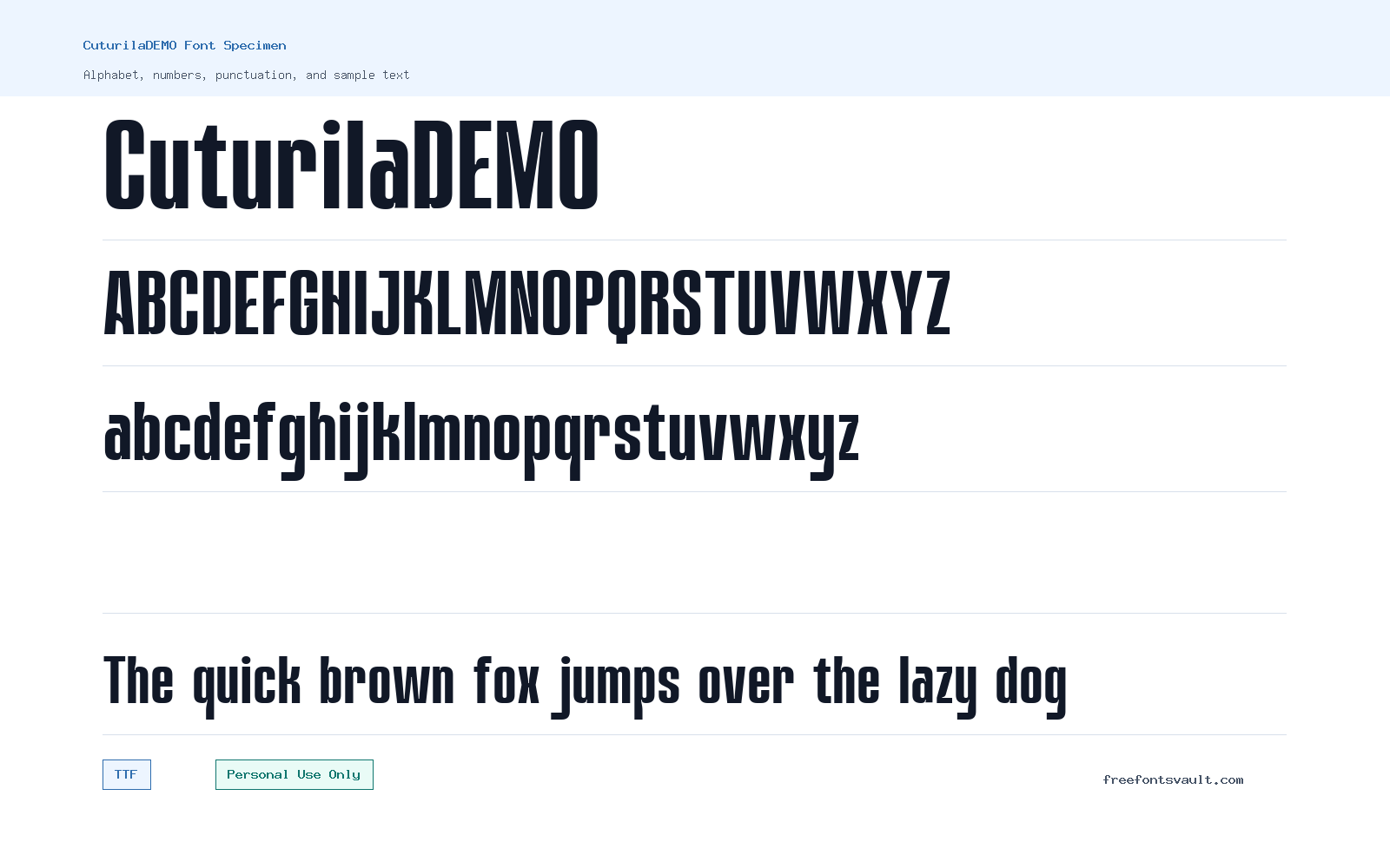 CuturilaDEMO font specimen showing alphabet, numbers, and sample text