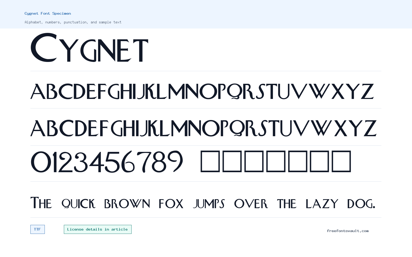 Cygnet font specimen showing alphabet, numbers, and sample text