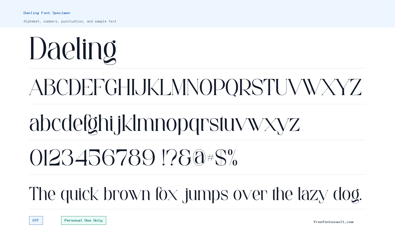 Daeling font specimen showing alphabet, numbers, and sample text