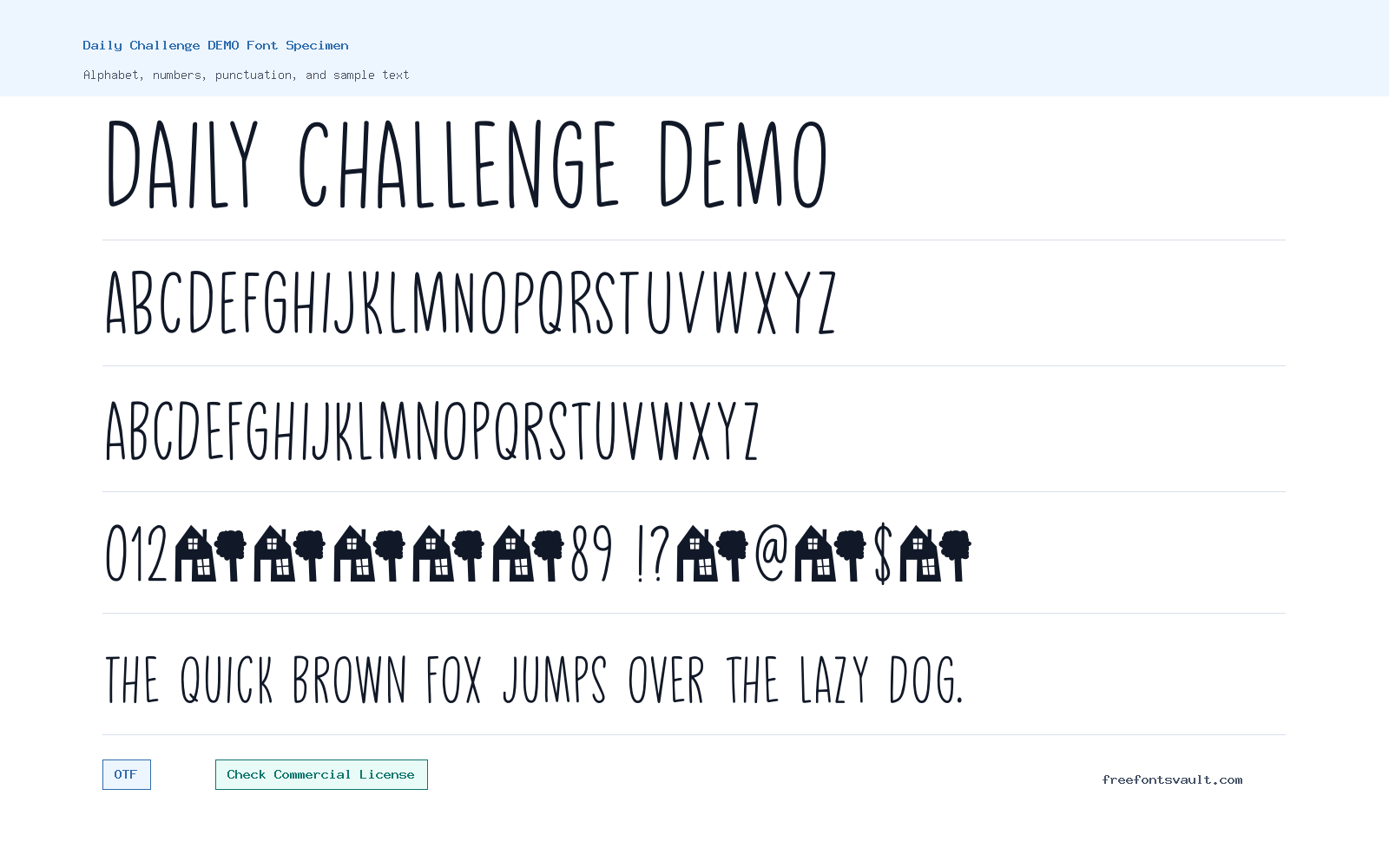 Daily Challenge DEMO font specimen showing alphabet, numbers, and sample text